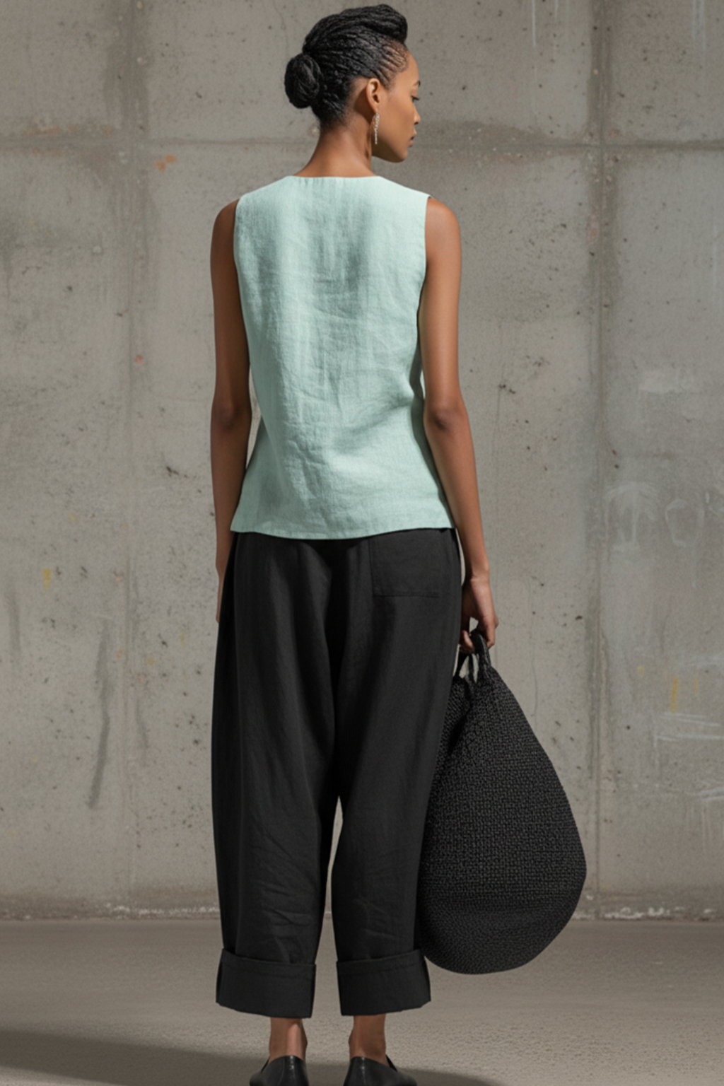Linen Blend V Neck Knot Sleeveless Top