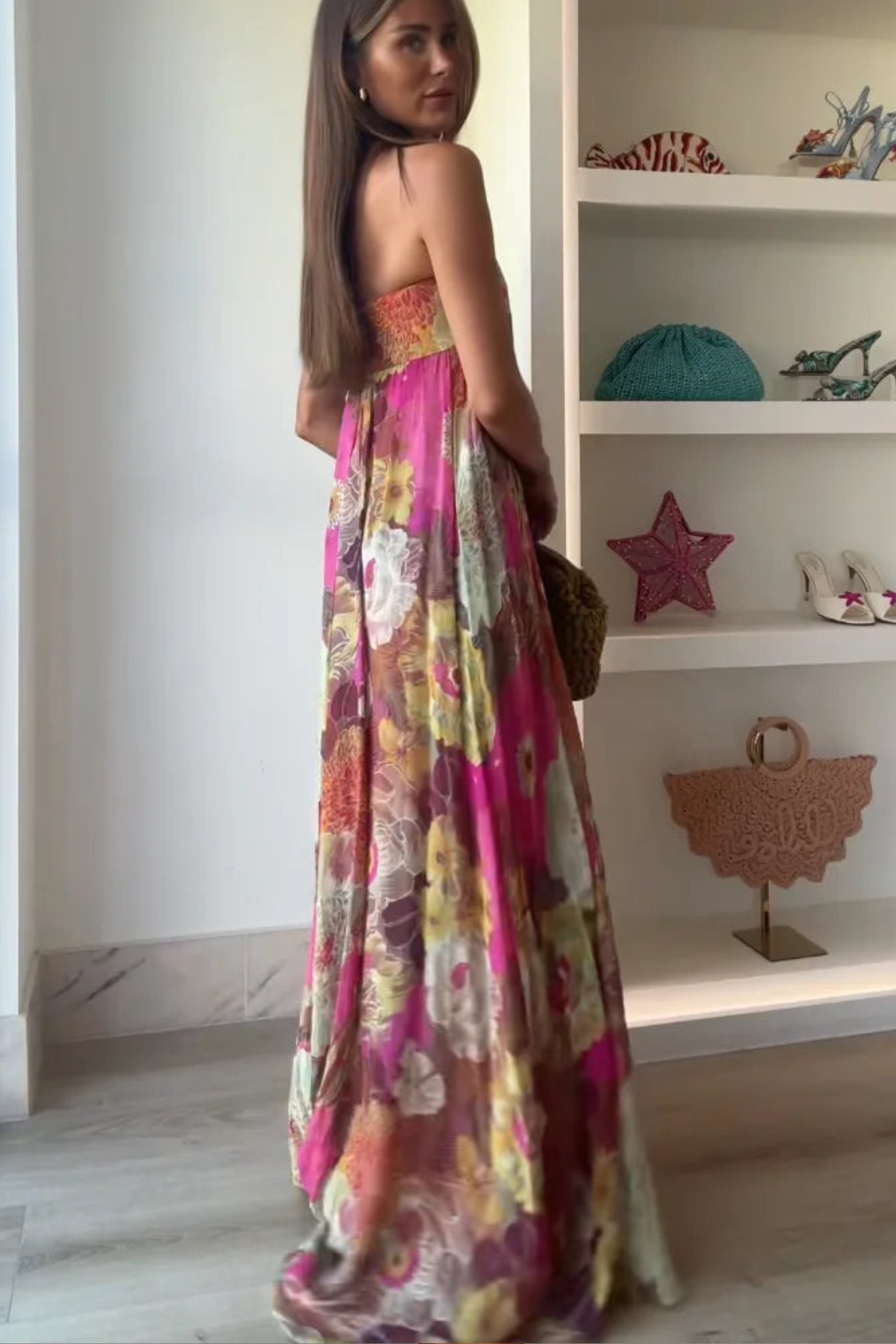 Romantic Floral Strapless Wedding Guest Maxi Dress
