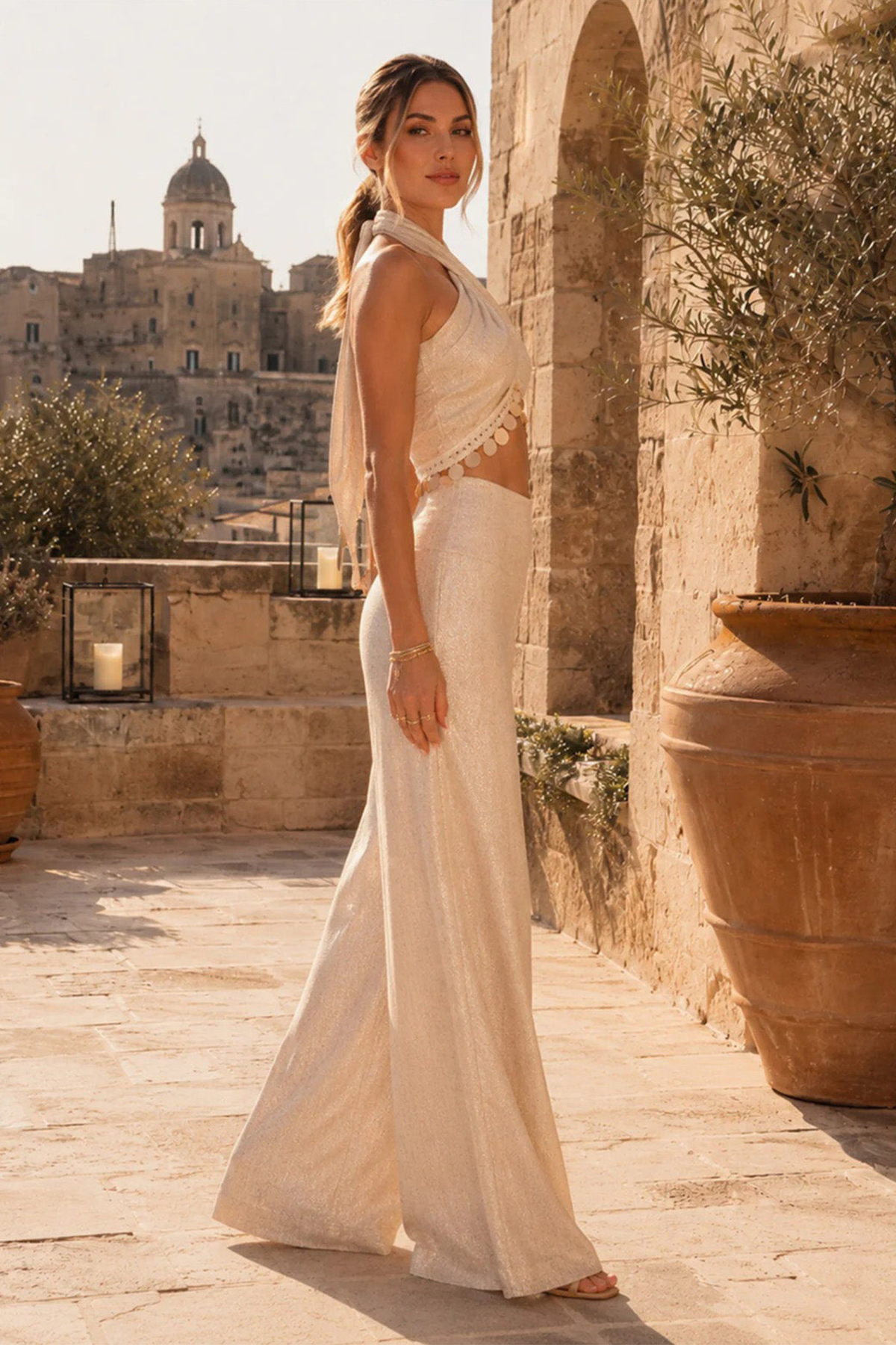 Metallic Disc Halter Wide Leg Set