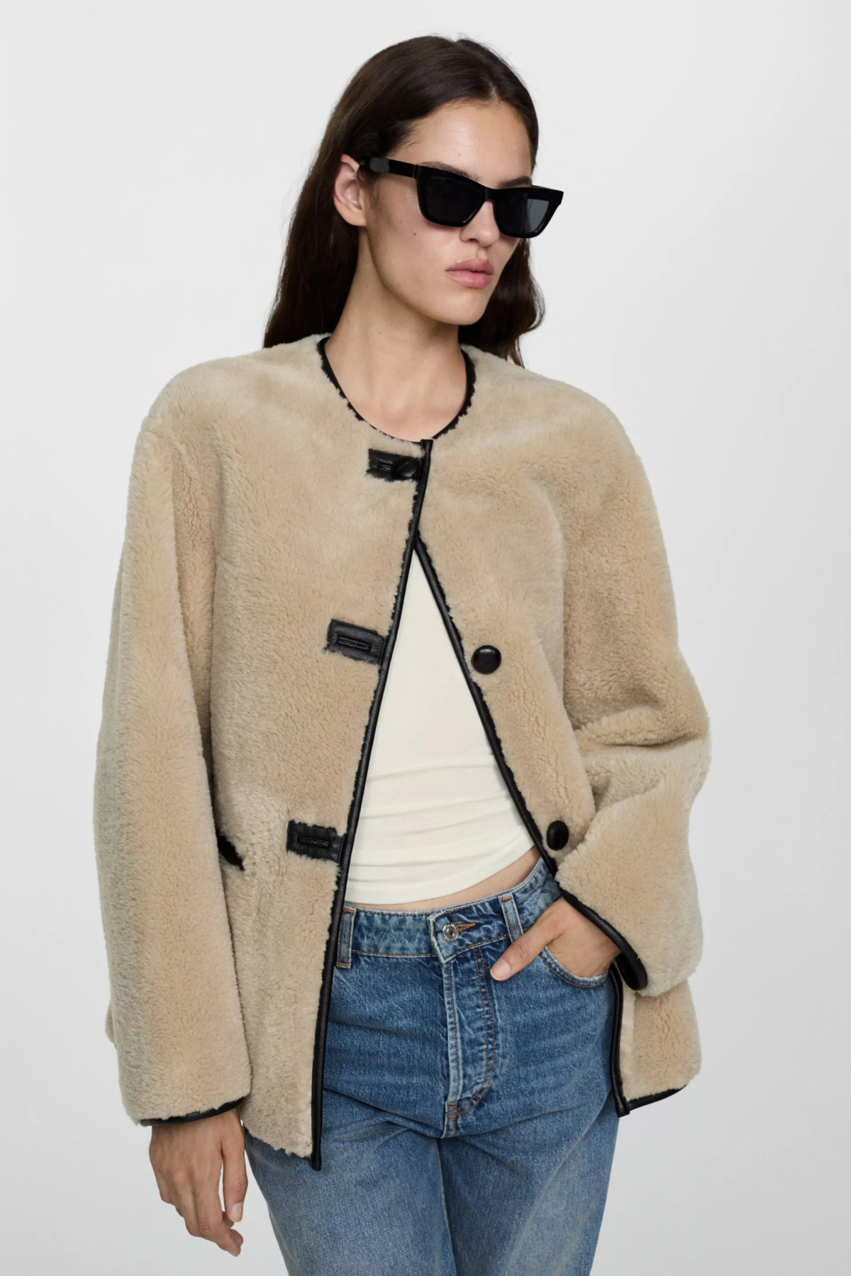 Fuzzy Round Neck Snap Button Jacket