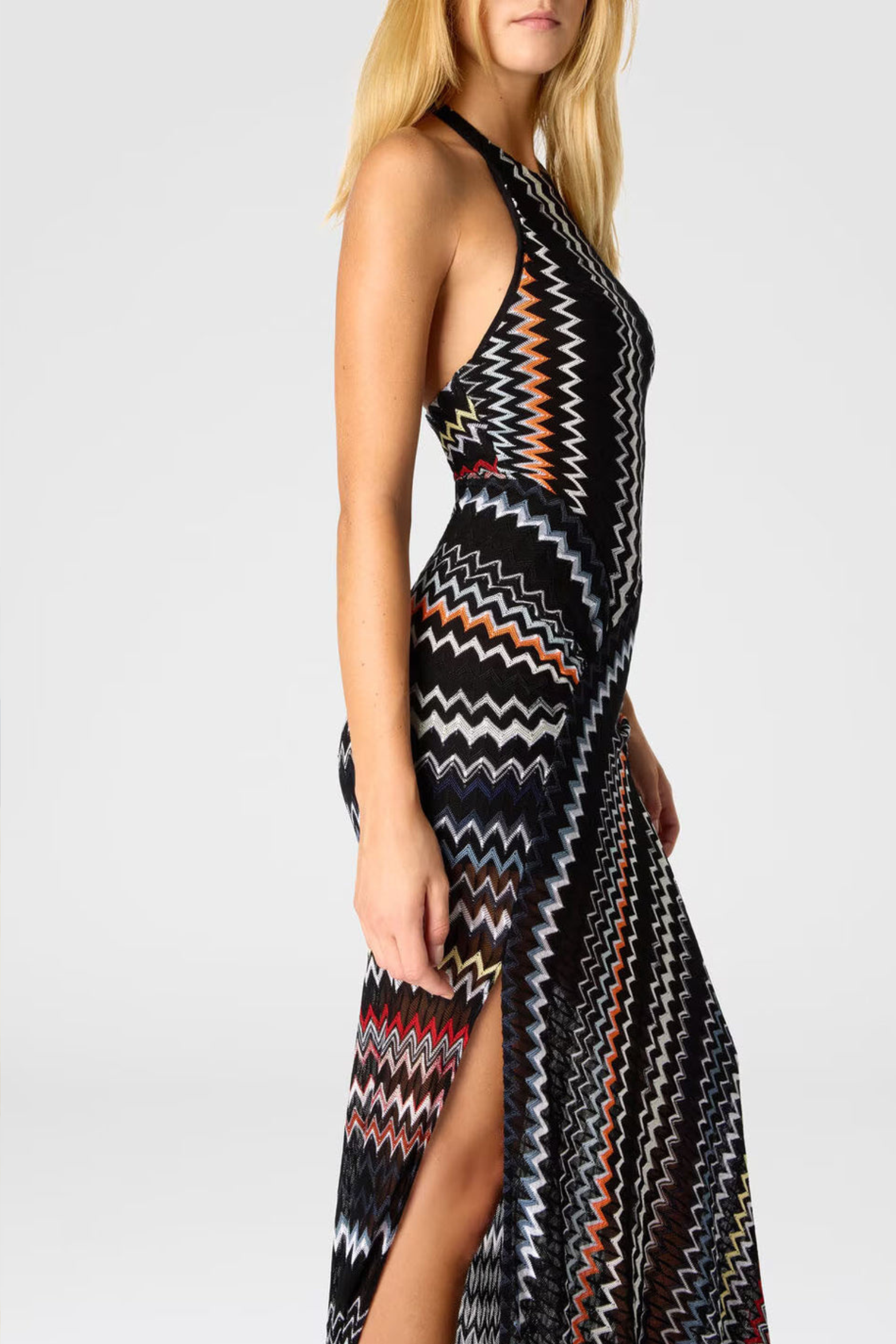 Herringbone Halter Maxi Dress with Statement Print