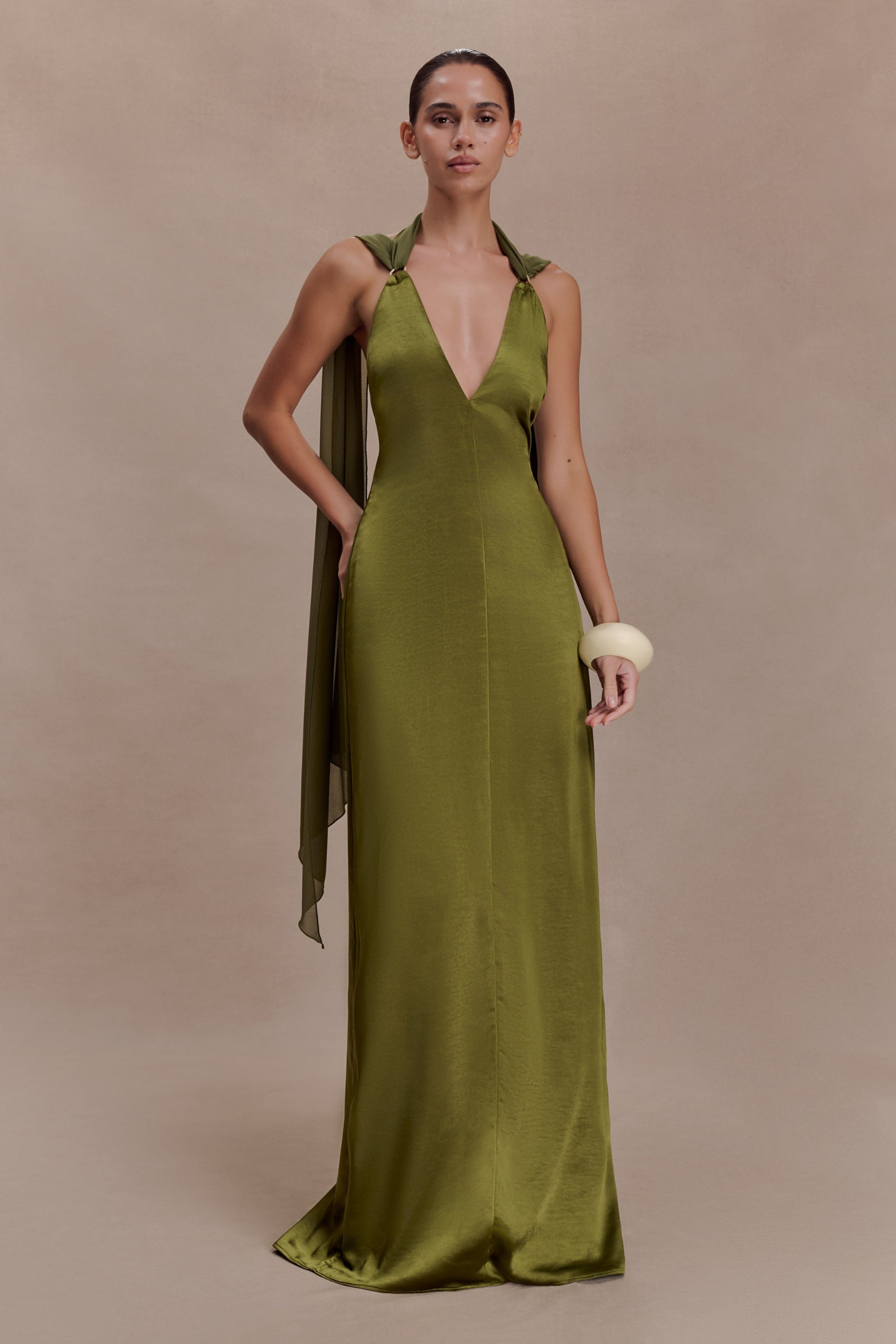 Draped Shoulders Satin Maxi Dress - Khaki