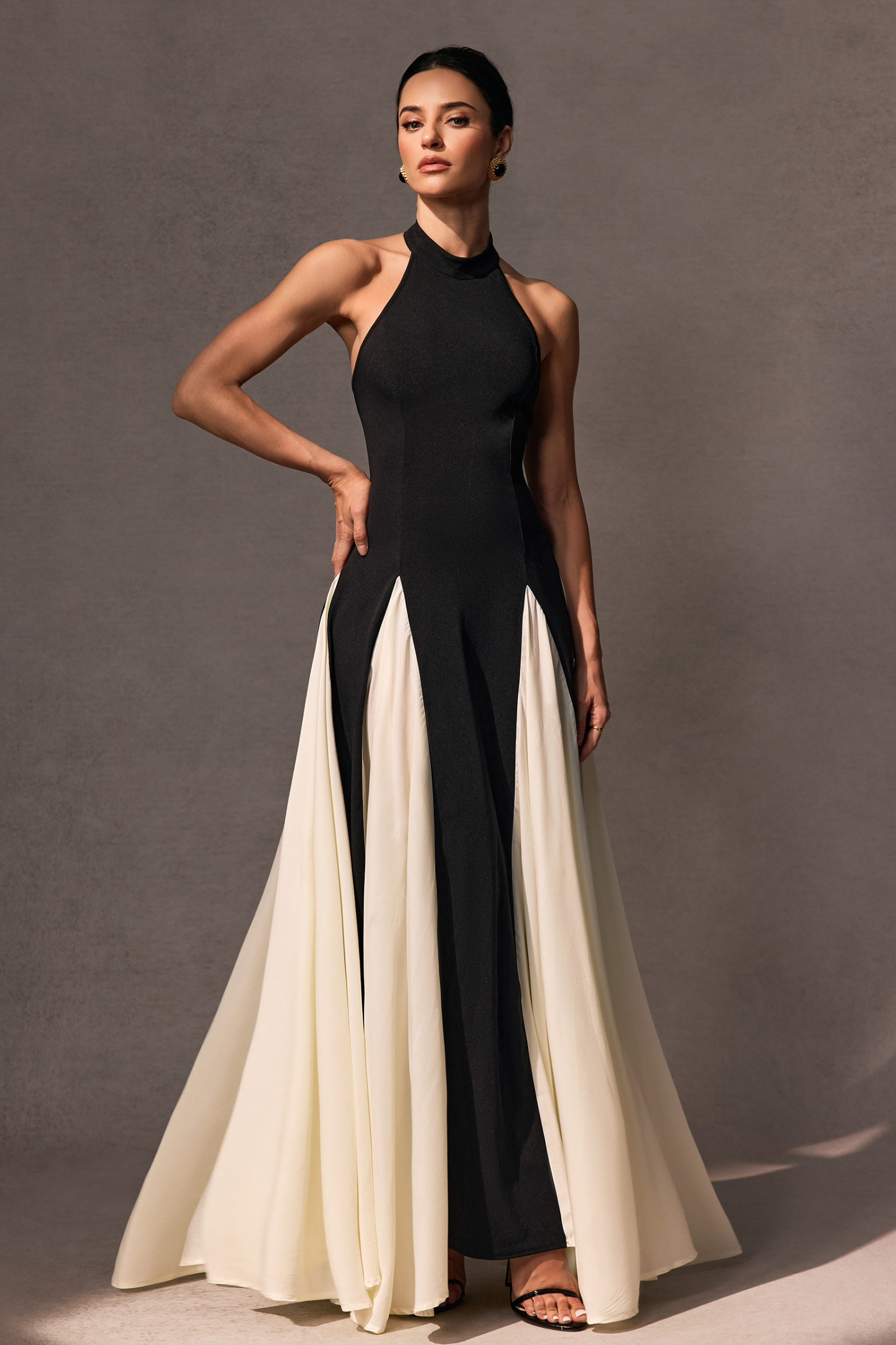 Black White High Neck Formal A Line Maxi Dress
