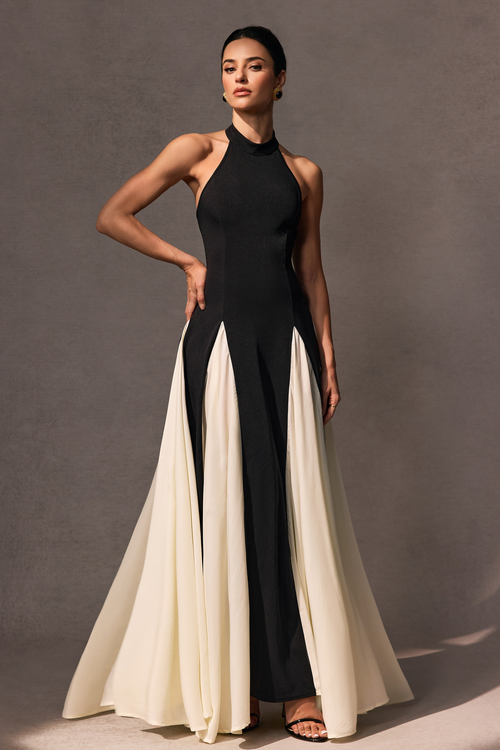 Black White High Neck Formal A Line Maxi Dress