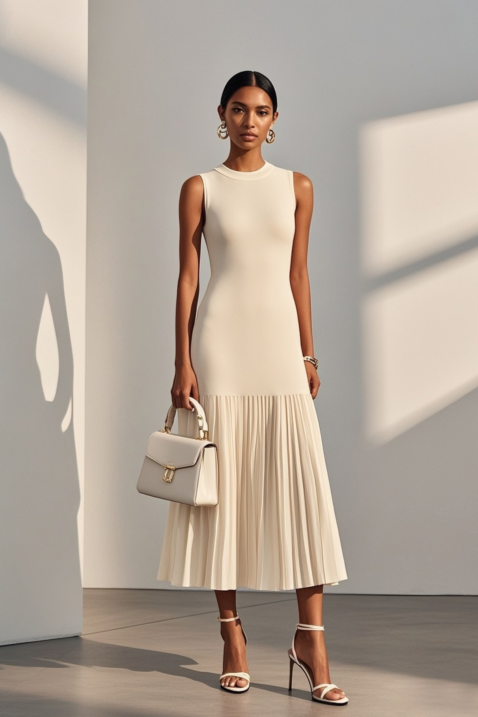 Sleeveless Pleated Knit A Line Midi Dress