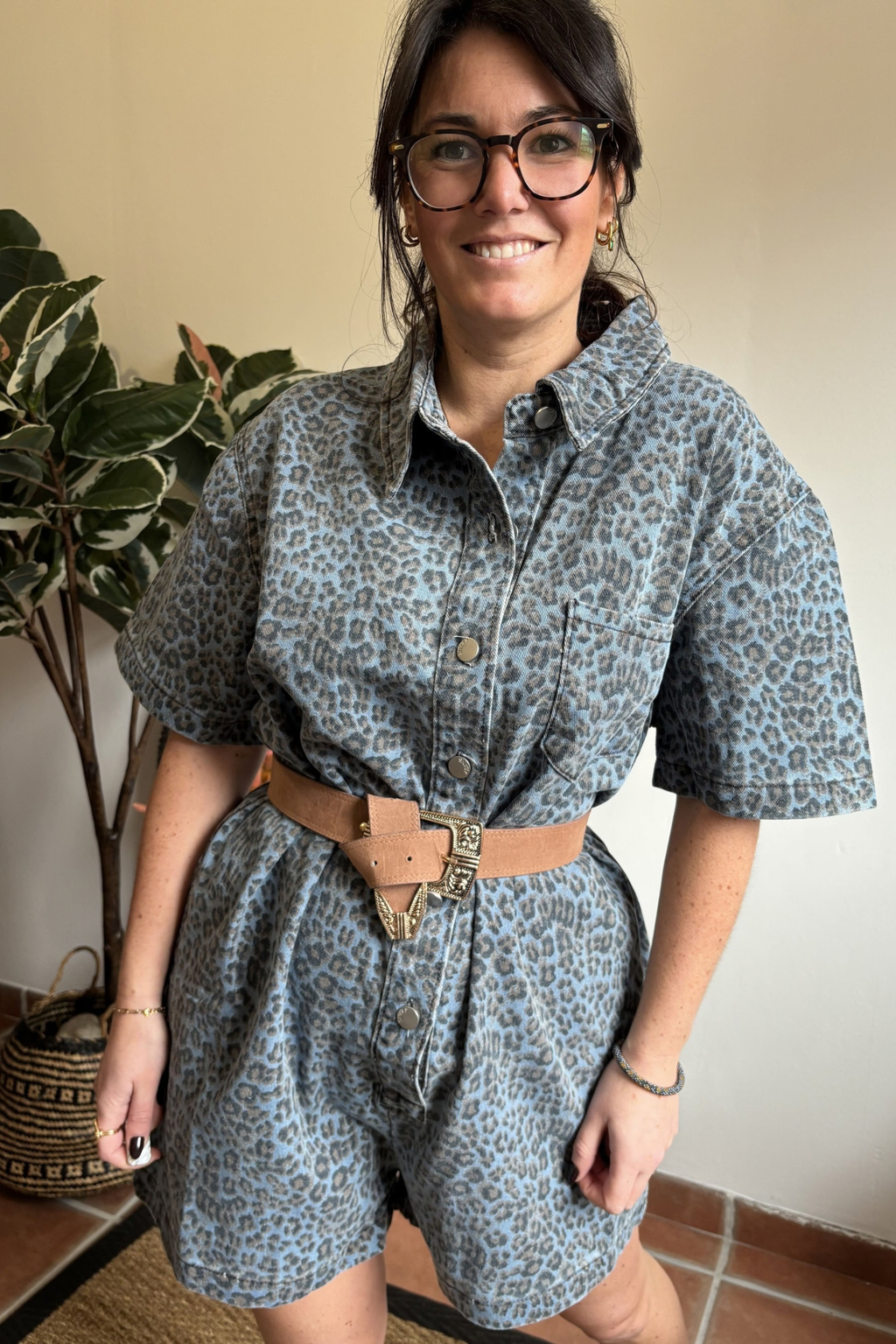 Blue Leopard Print Button Front Playsuit