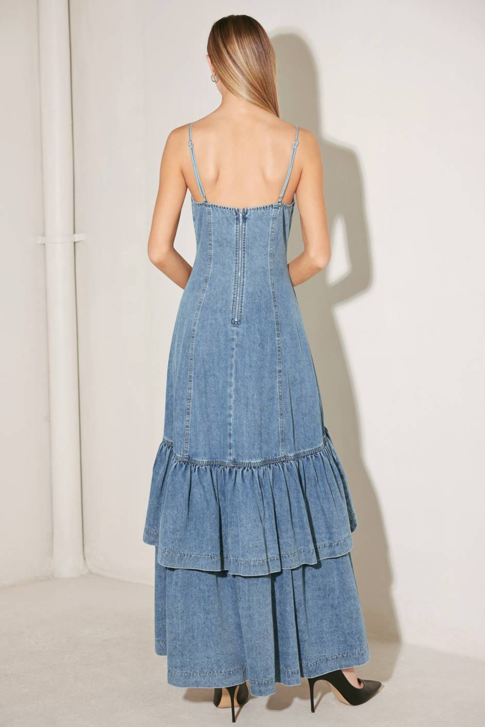Denim Ruffle Hem Slip Maxi Dress with Back Zipper
