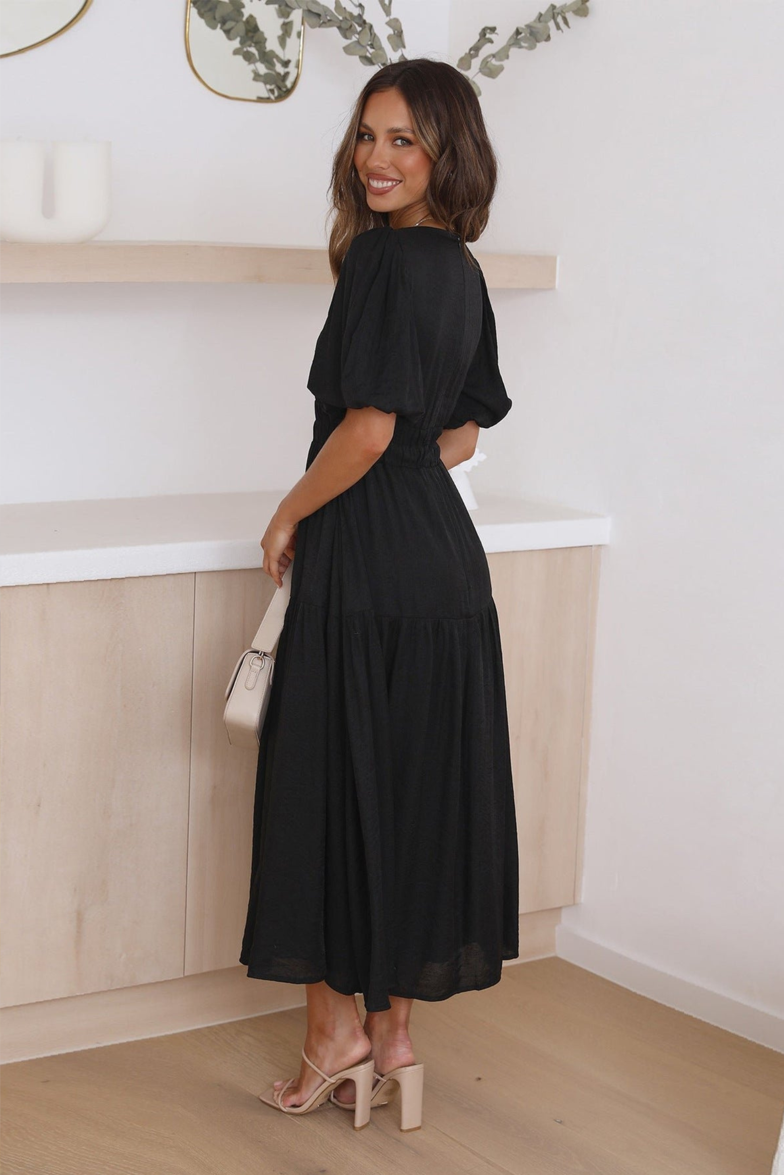 Puff Sleeve Smocked Waist V Neck Midi Dress