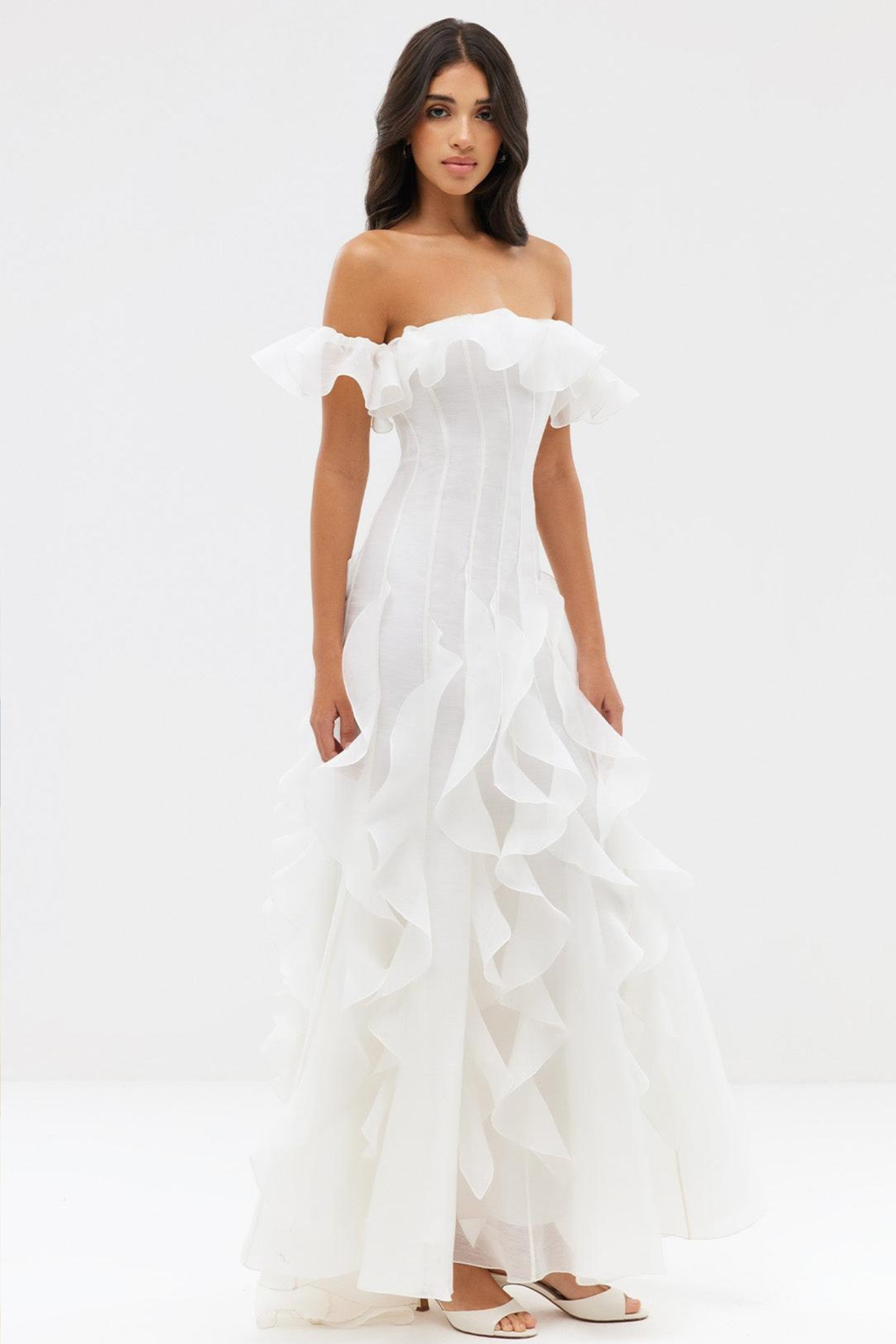 Frill Off Shoulder Maxi Dress with Romantic Silhouette