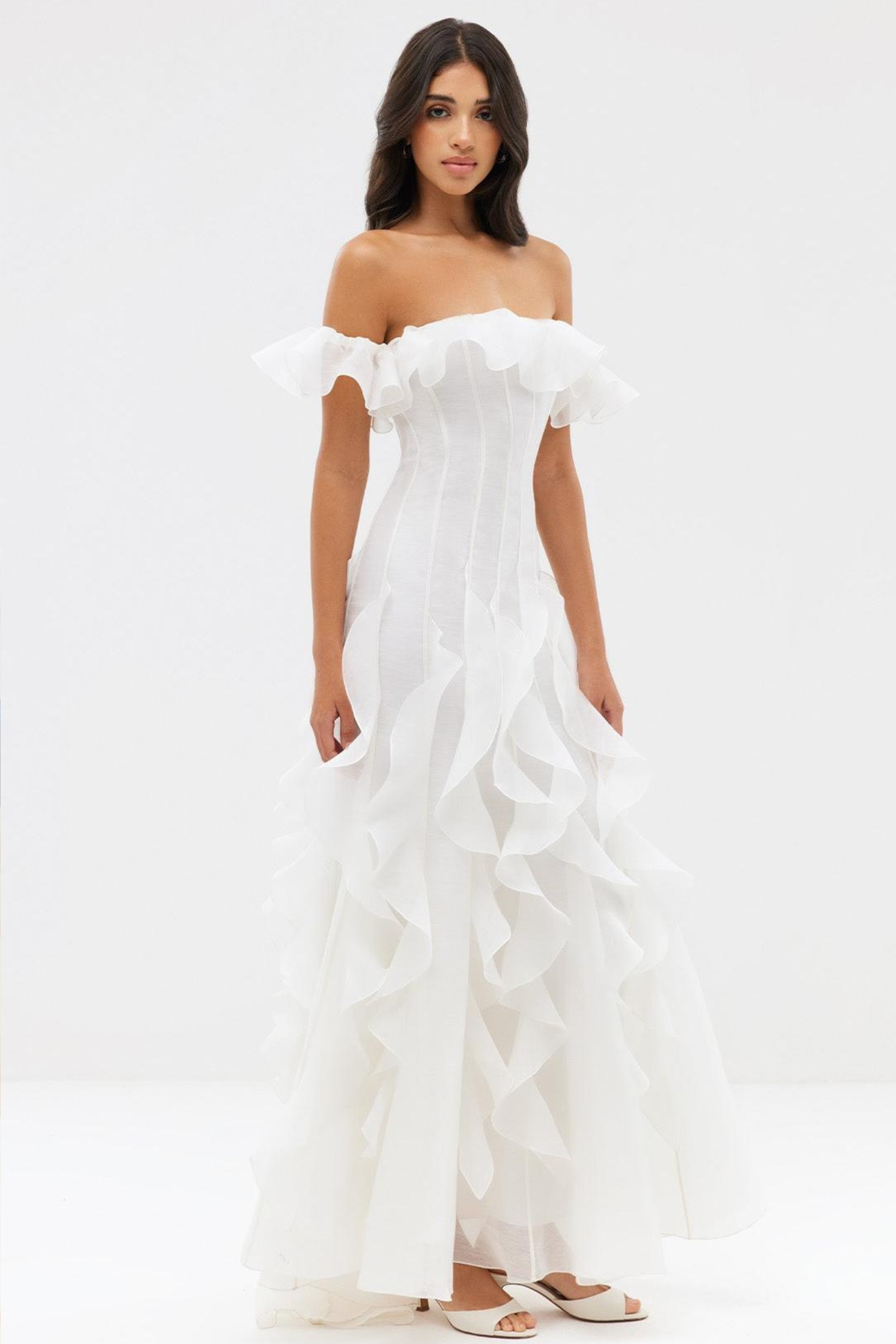 Frill Off Shoulder Maxi Dress with Romantic Silhouette