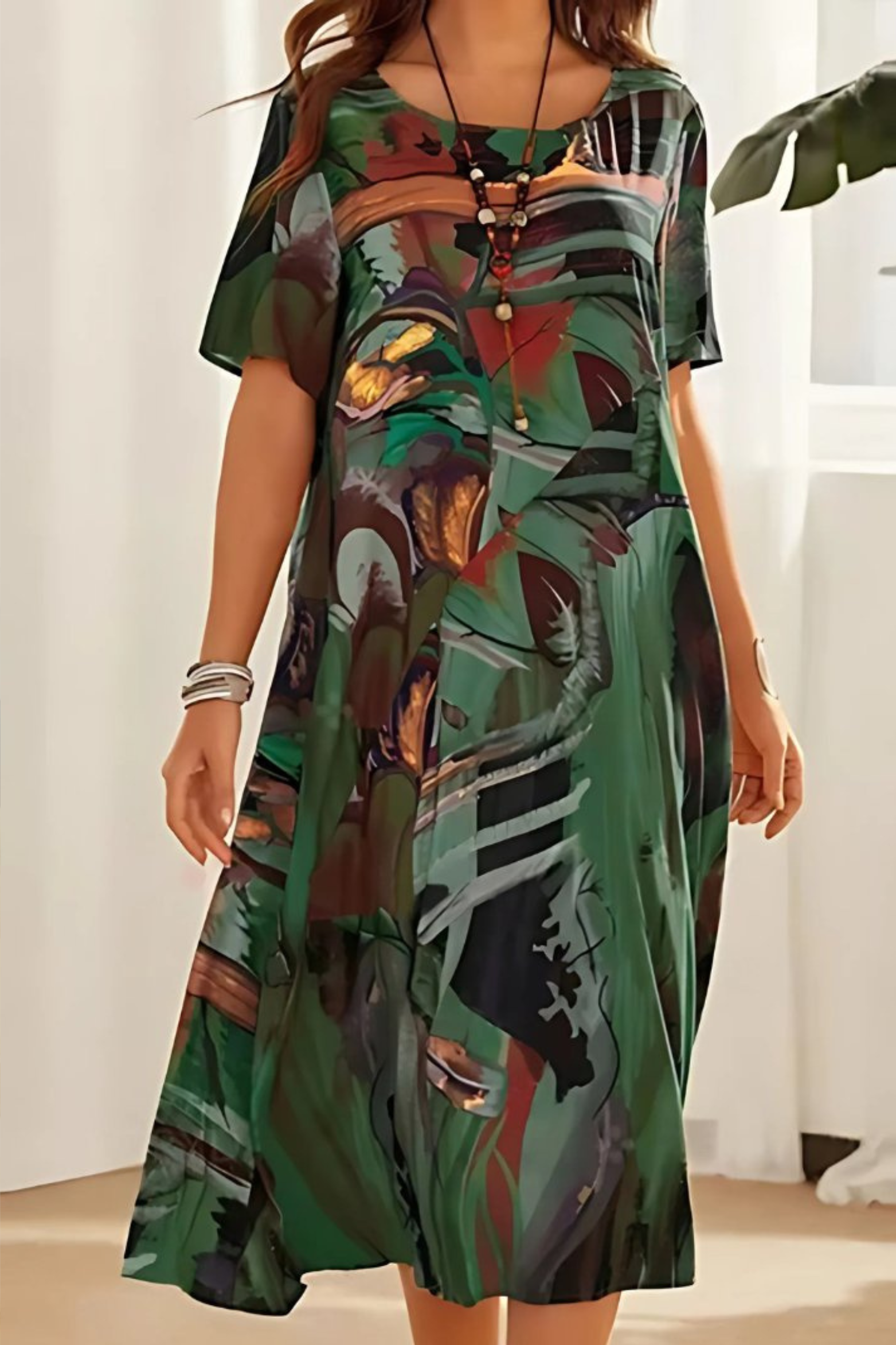Relaxed Abstract Print Midi Dress with Short Sleeves
