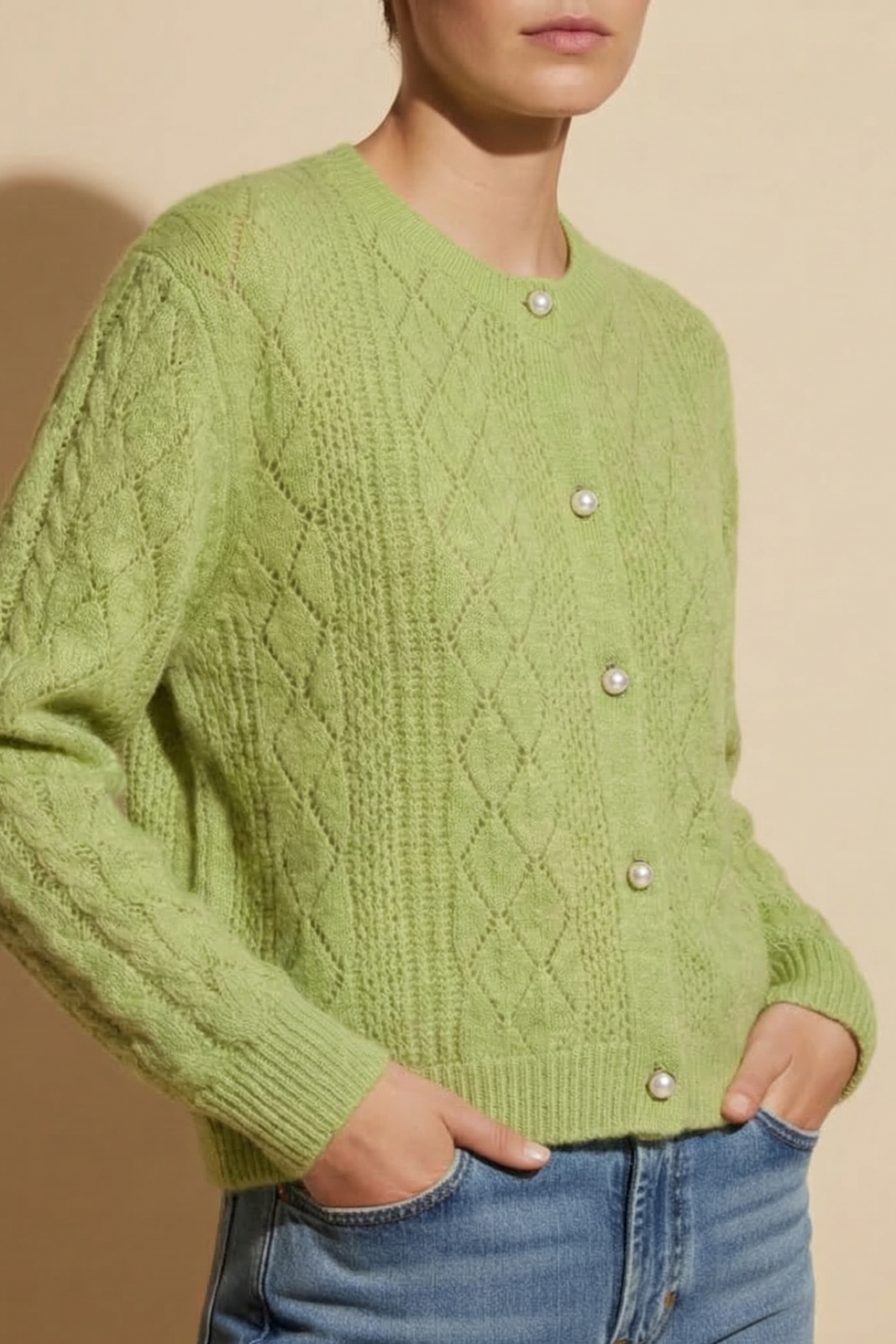Women's Pearl Accent Open Knit Sweater