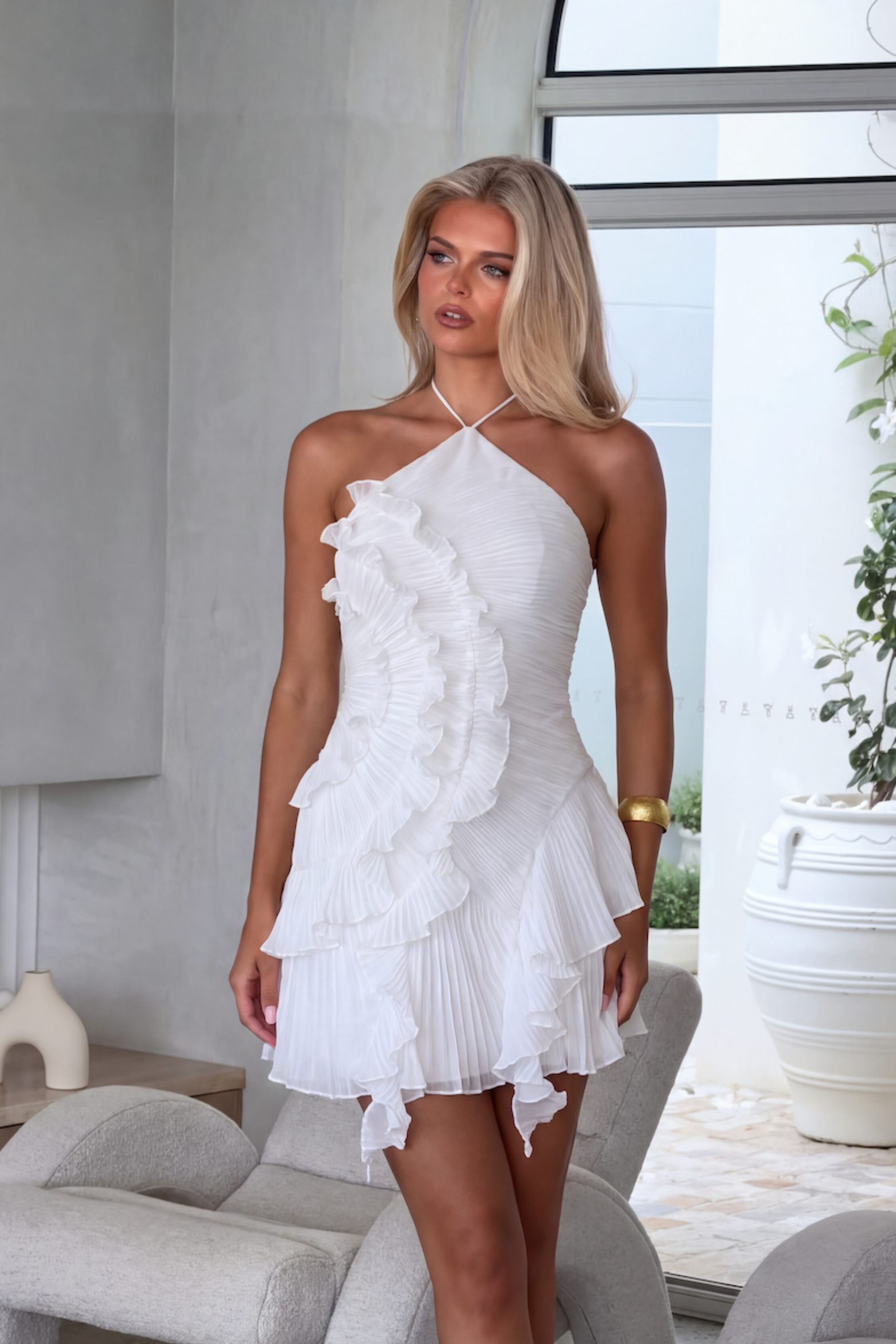 Halter Ruffle Pleated Maxi Dress for Special Occasions