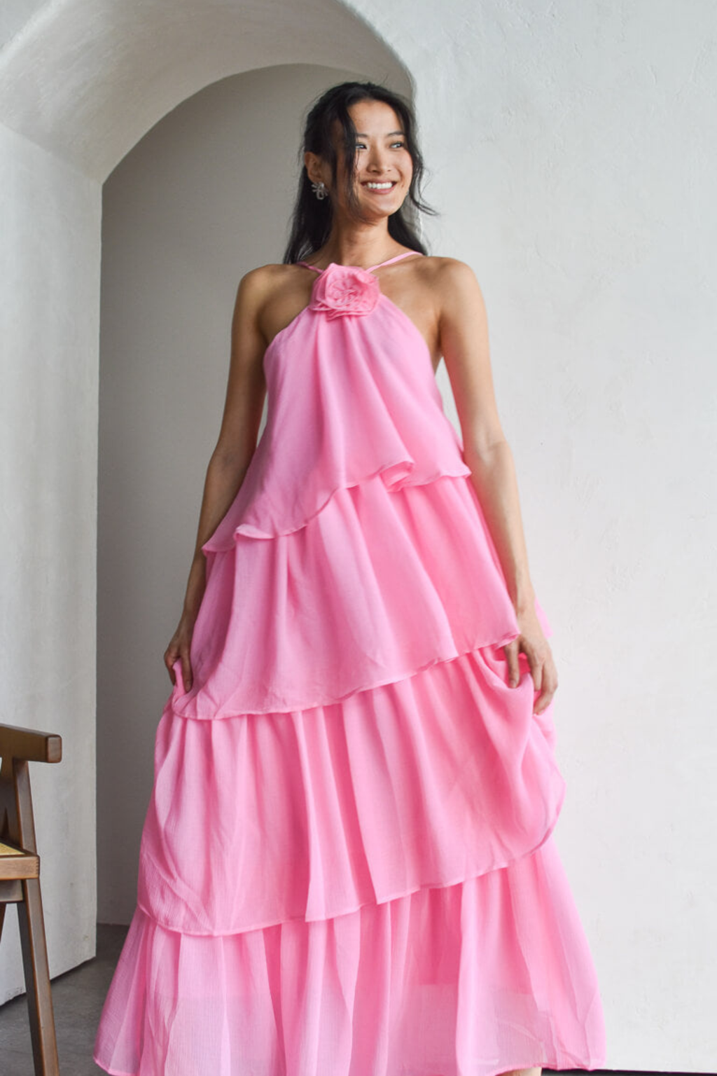 Rosette Detail Flowing Maxi Dress