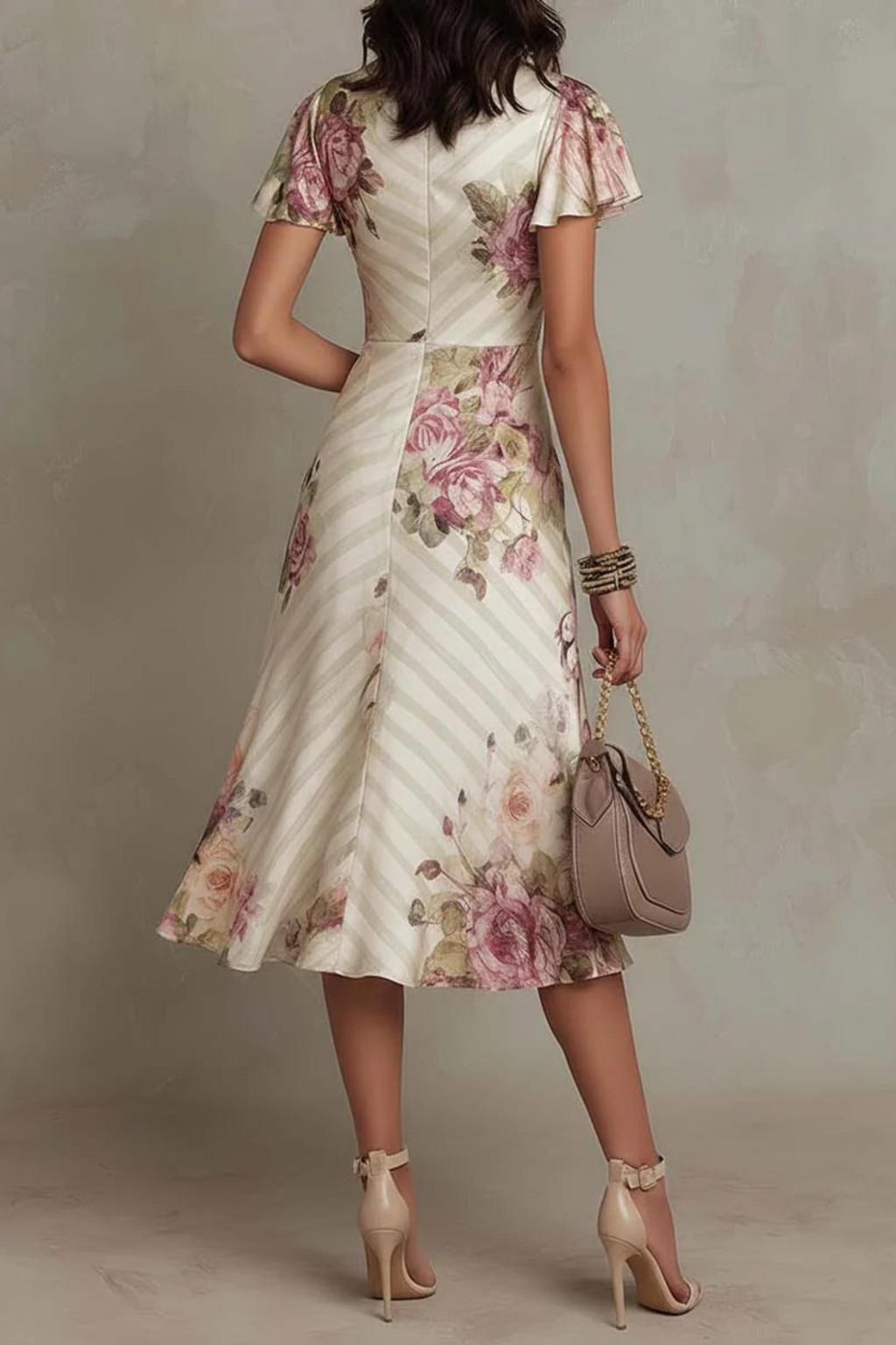 Floral Satin Midi Dress with Ruched Waist