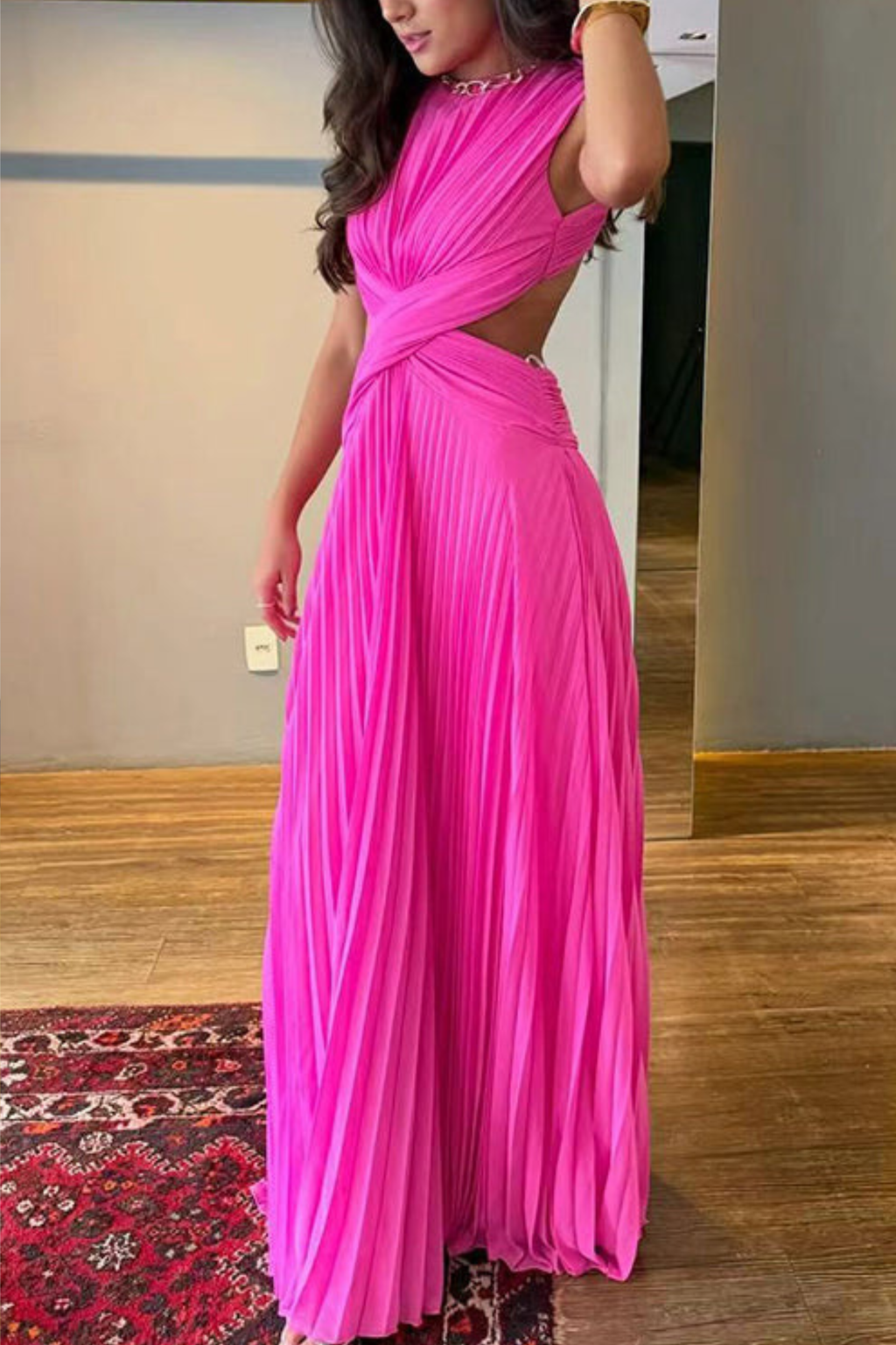 Pleated Open Back Sleeveless Maxi Dress