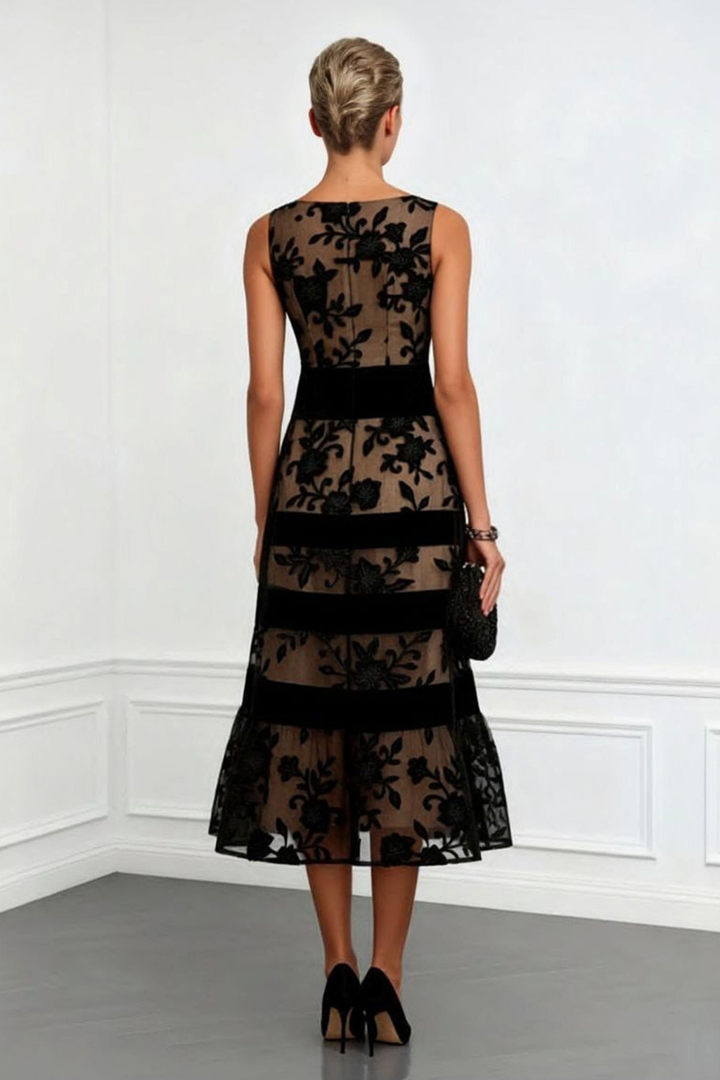 Floral Colorblock Mesh Lace Midi Dress