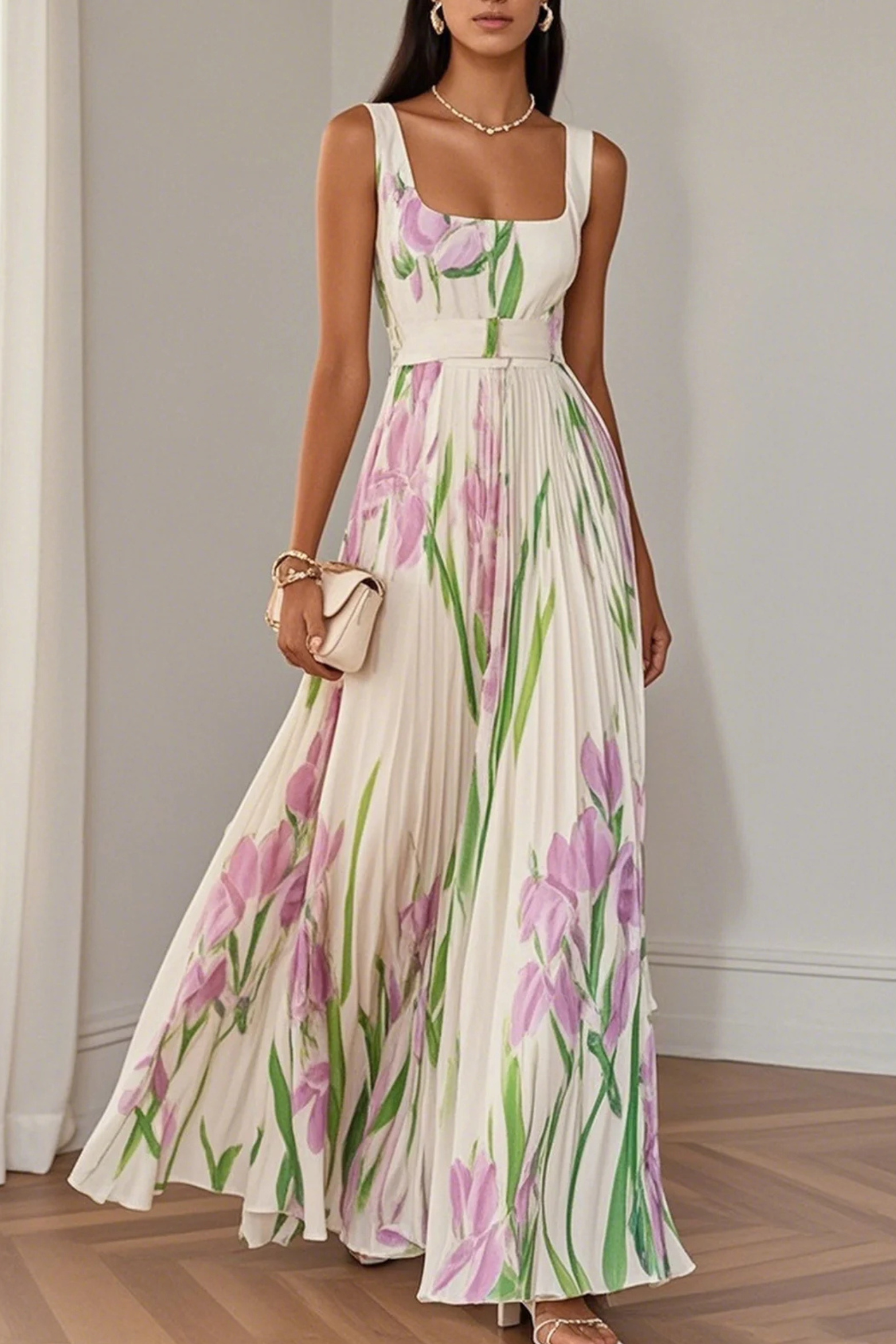 Floral Pleated Chiffon Square Neck Maxi Dress