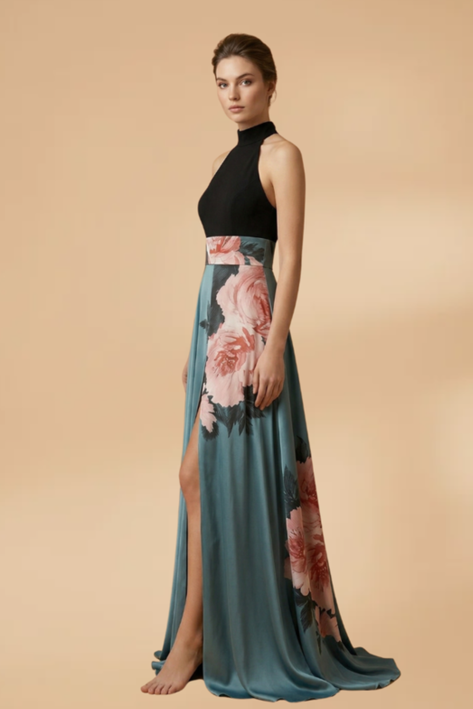 Floral Print A Line Maxi Dress with Slit Detail