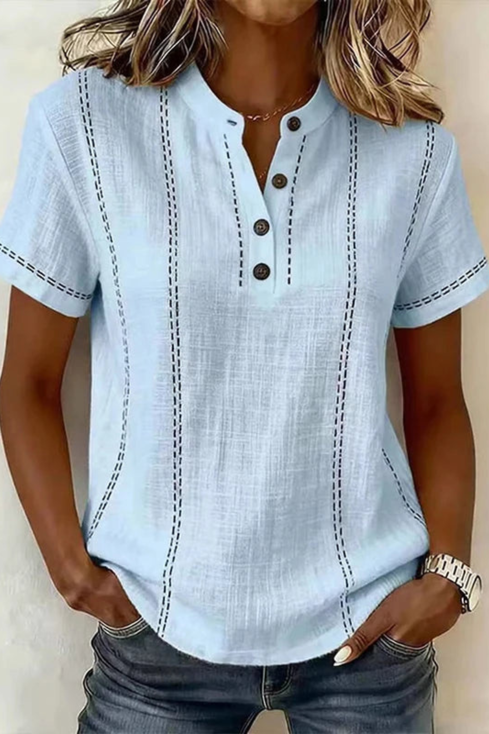 Textured V-Neck Button Blouse with Relaxed Short Sleeves
