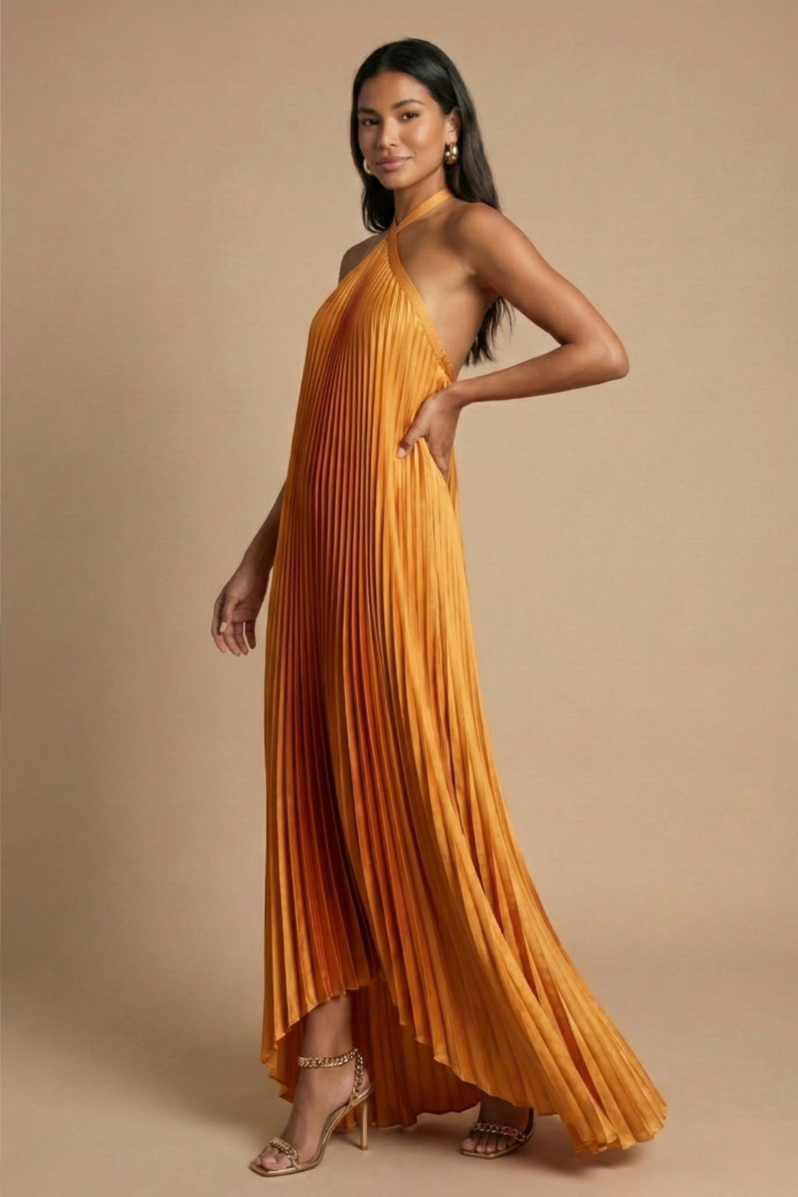 Pleated Halter Maxi Gown