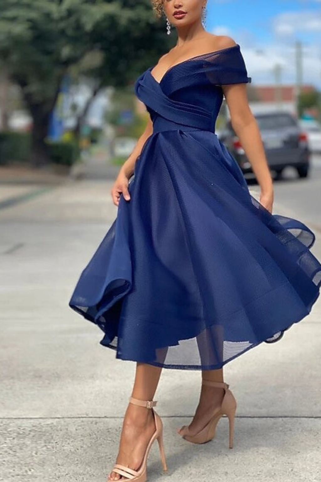 Off Shoulder A Line Tea Length Cocktail Dress
