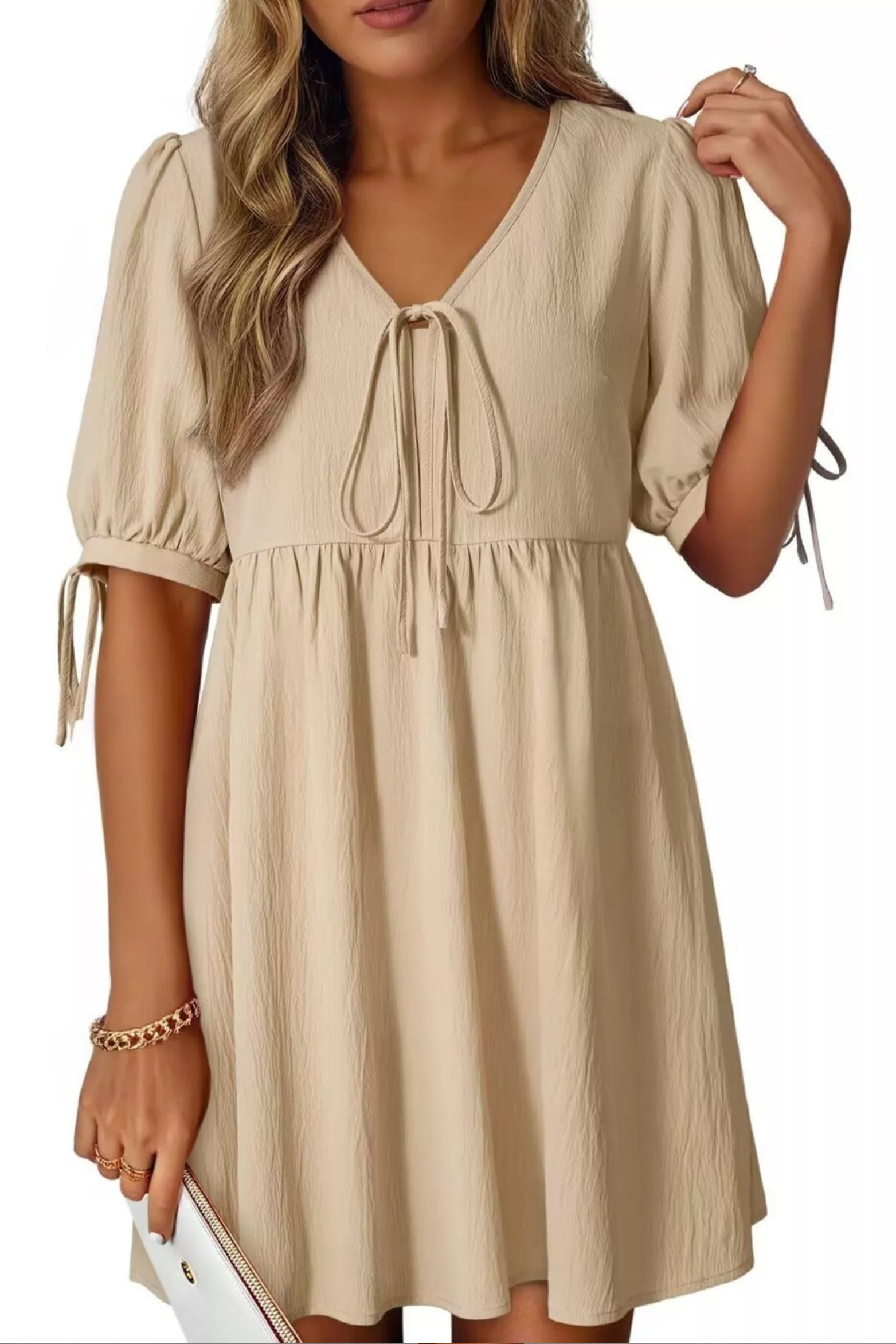 Romantic Tie Neck Puff Sleeve Mini Dress