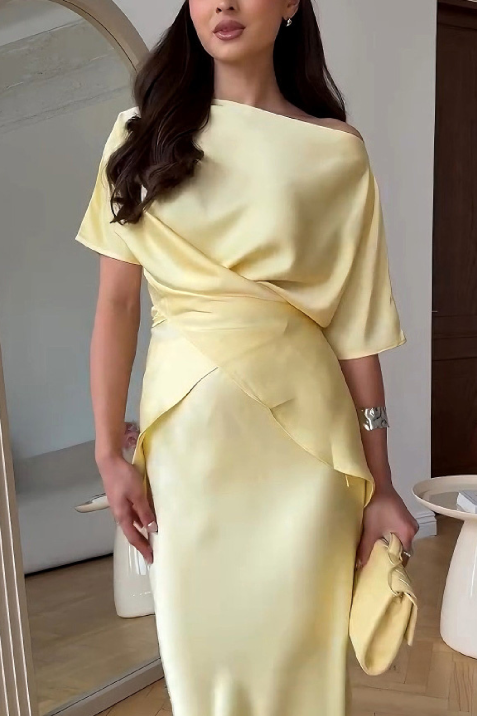 Draped Satin Midi Dress with Asymmetric Neckline