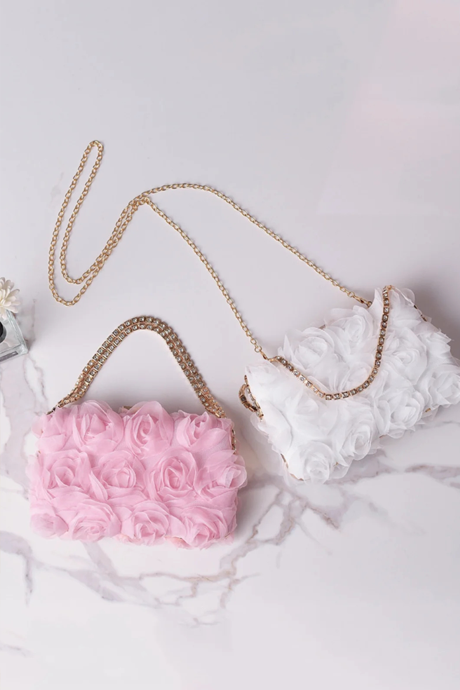 Floral Mesh Evening Clutch with Rhinestone Handle