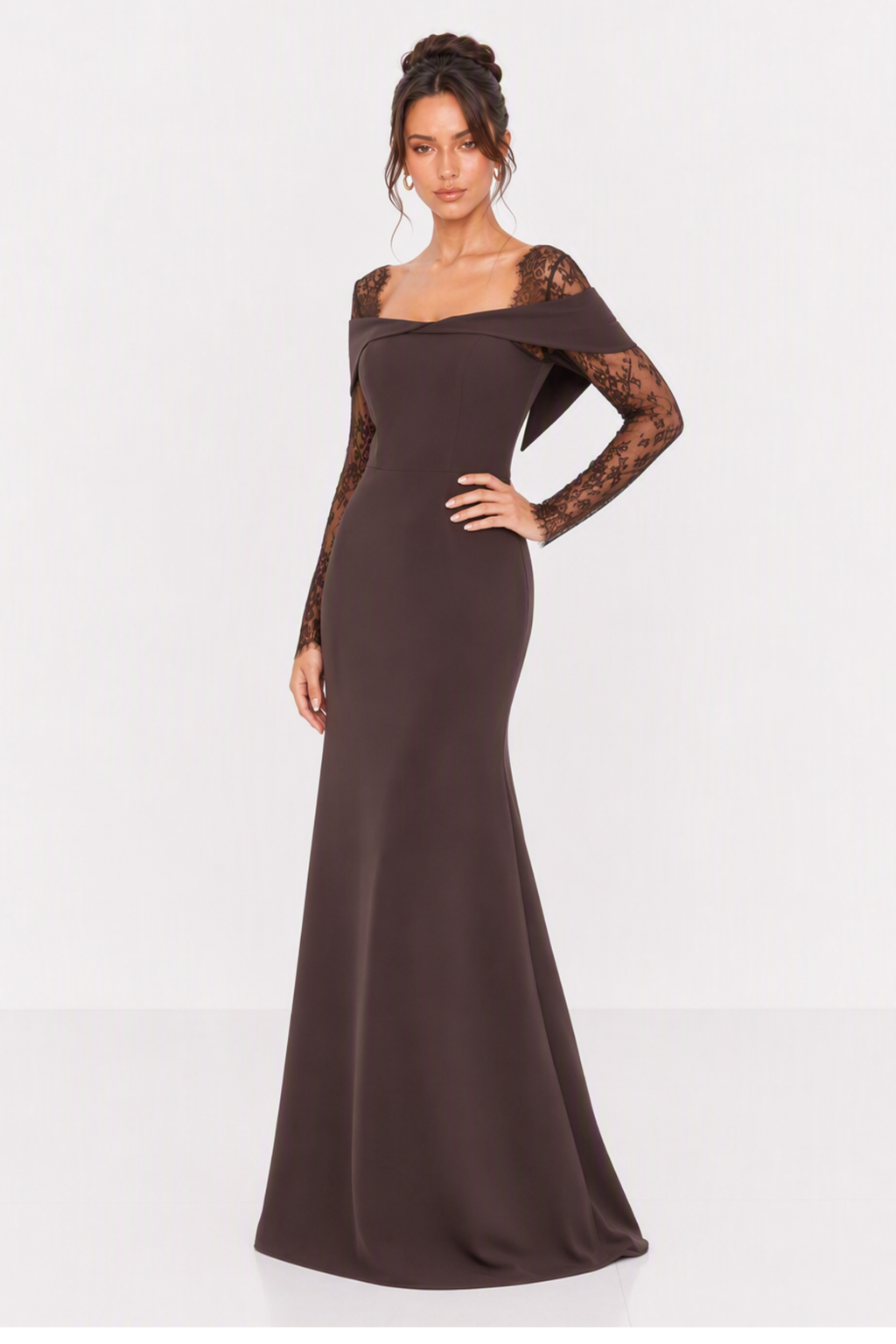 Off Shoulder Lace Sleeve Maxi Dress