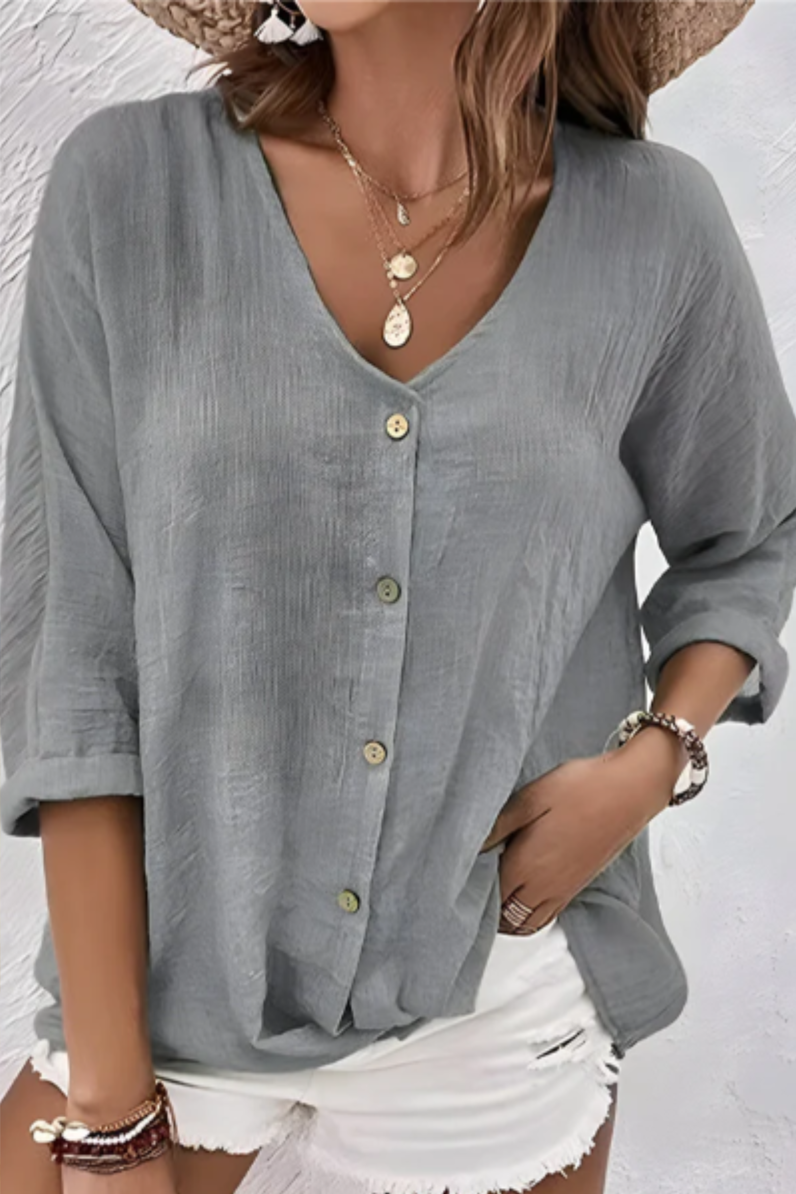 V Neck Button Up Blouse