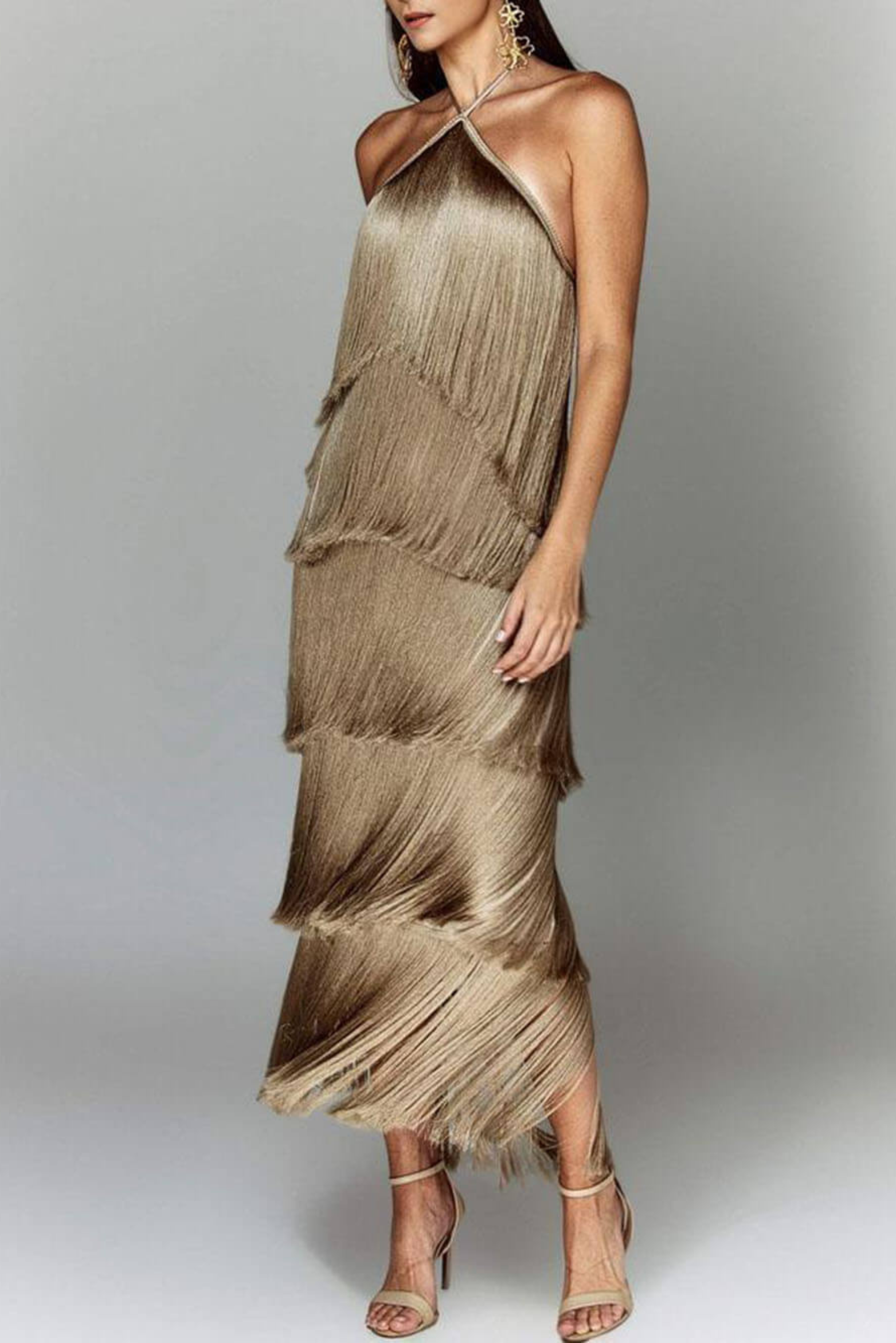 Halter Neck Tassel Backless Maxi Dress with Side Slit