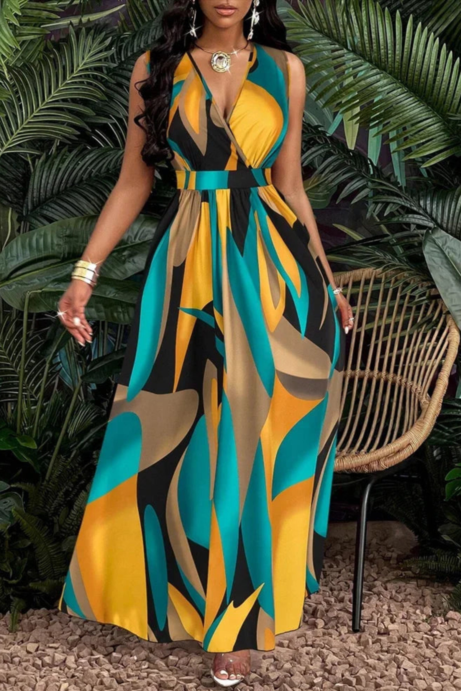 Abstract Print V Neck Sleeveless Maxi Dress