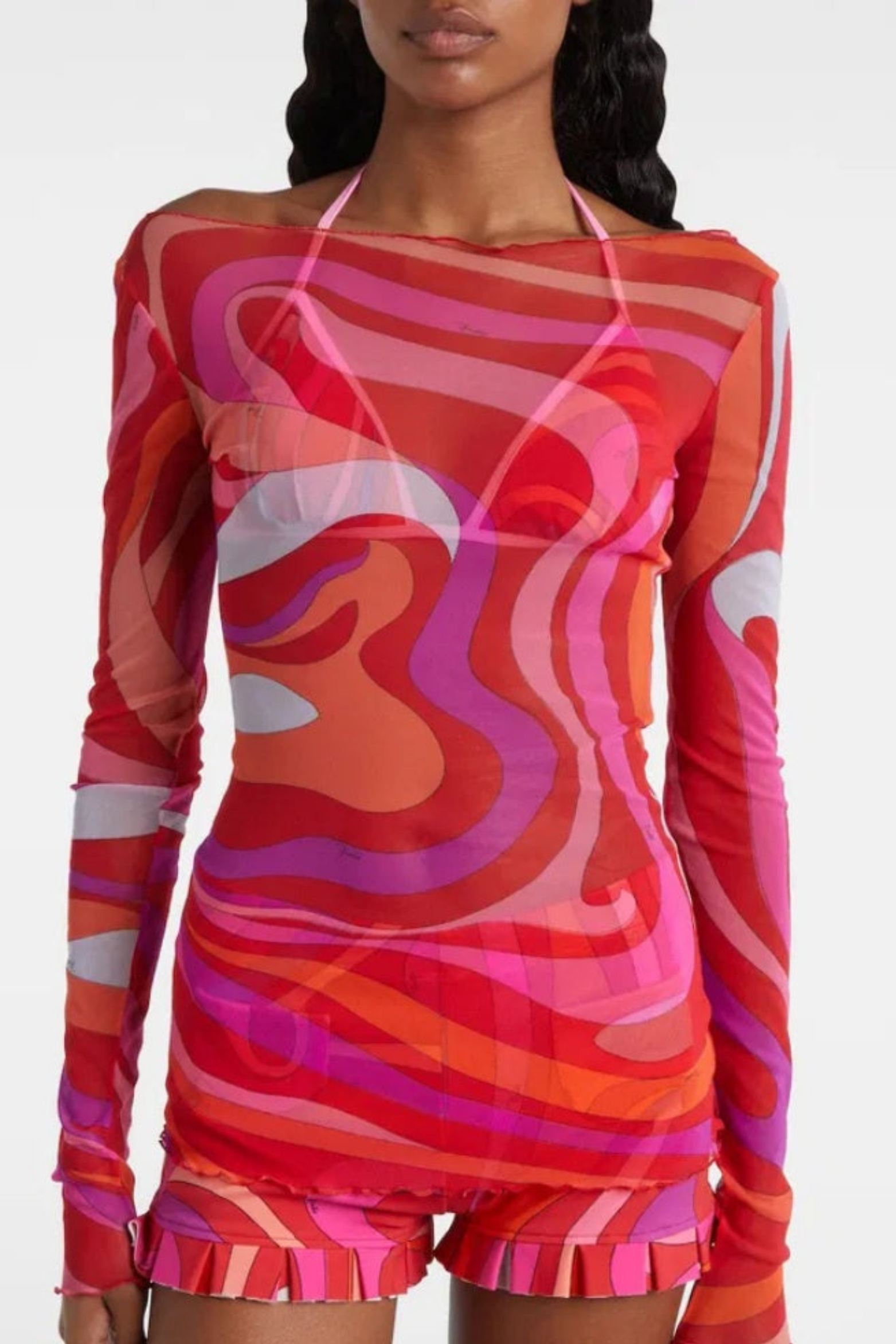 Women Sheer Mesh Swirl Print Short Set