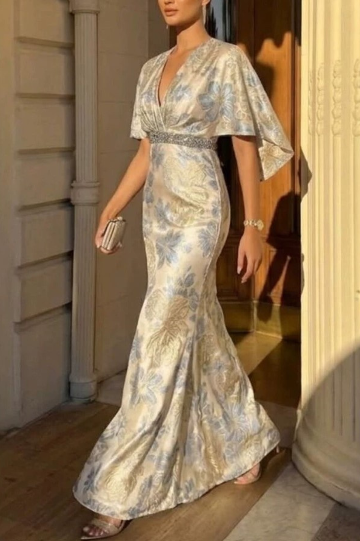 Floral Mermaid Cape Sleeve Beaded Gown