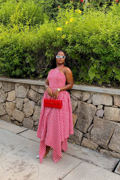 Asymmetric Gingham Midi Dress