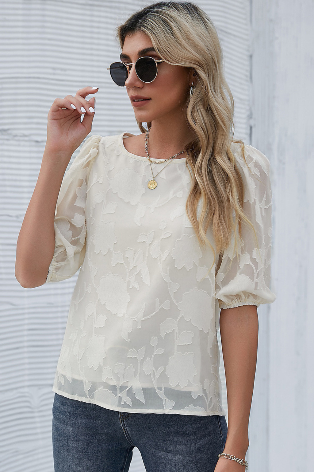 Floral Puff Sleeve Crew Neck Blouse