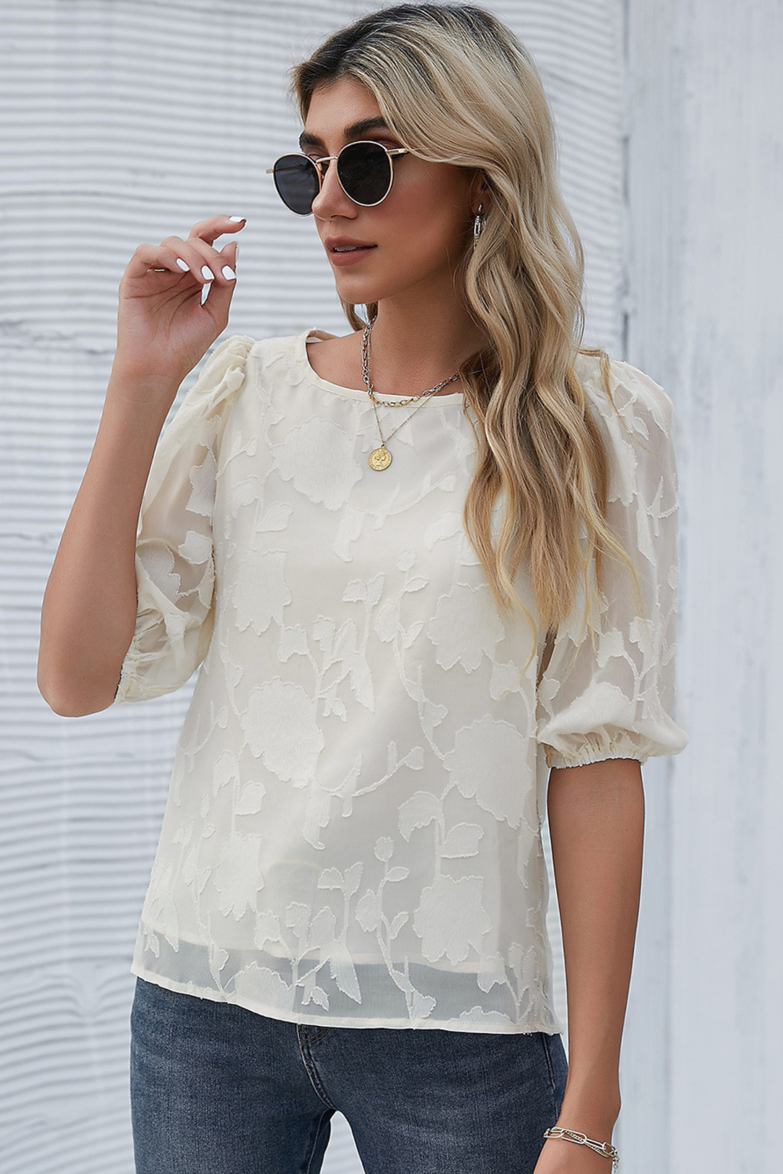 Floral Puff Sleeve Crew Neck Blouse