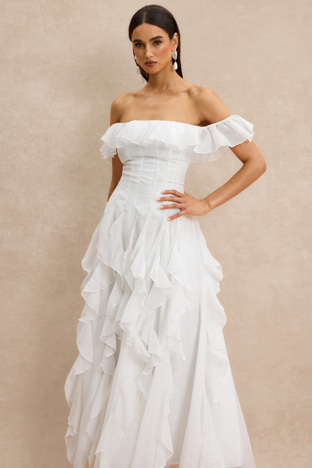 Off-Shoulder Frill Maxi Dress with Flowing Organza Design