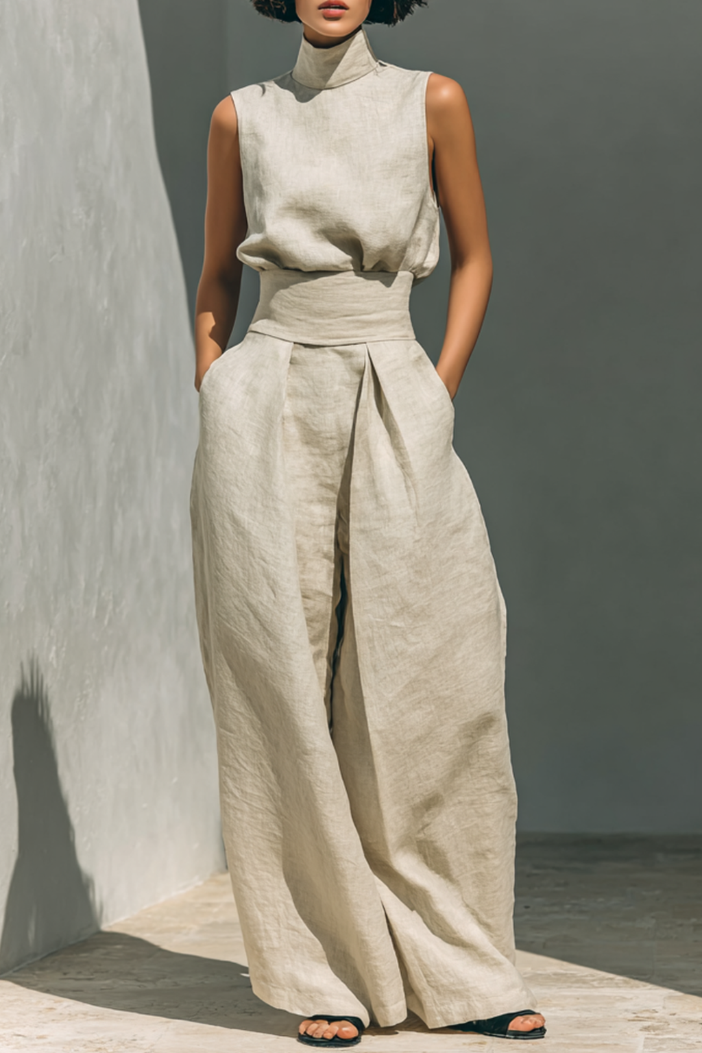 Linen Blend Sleeveless Top Wide Leg Pants Set