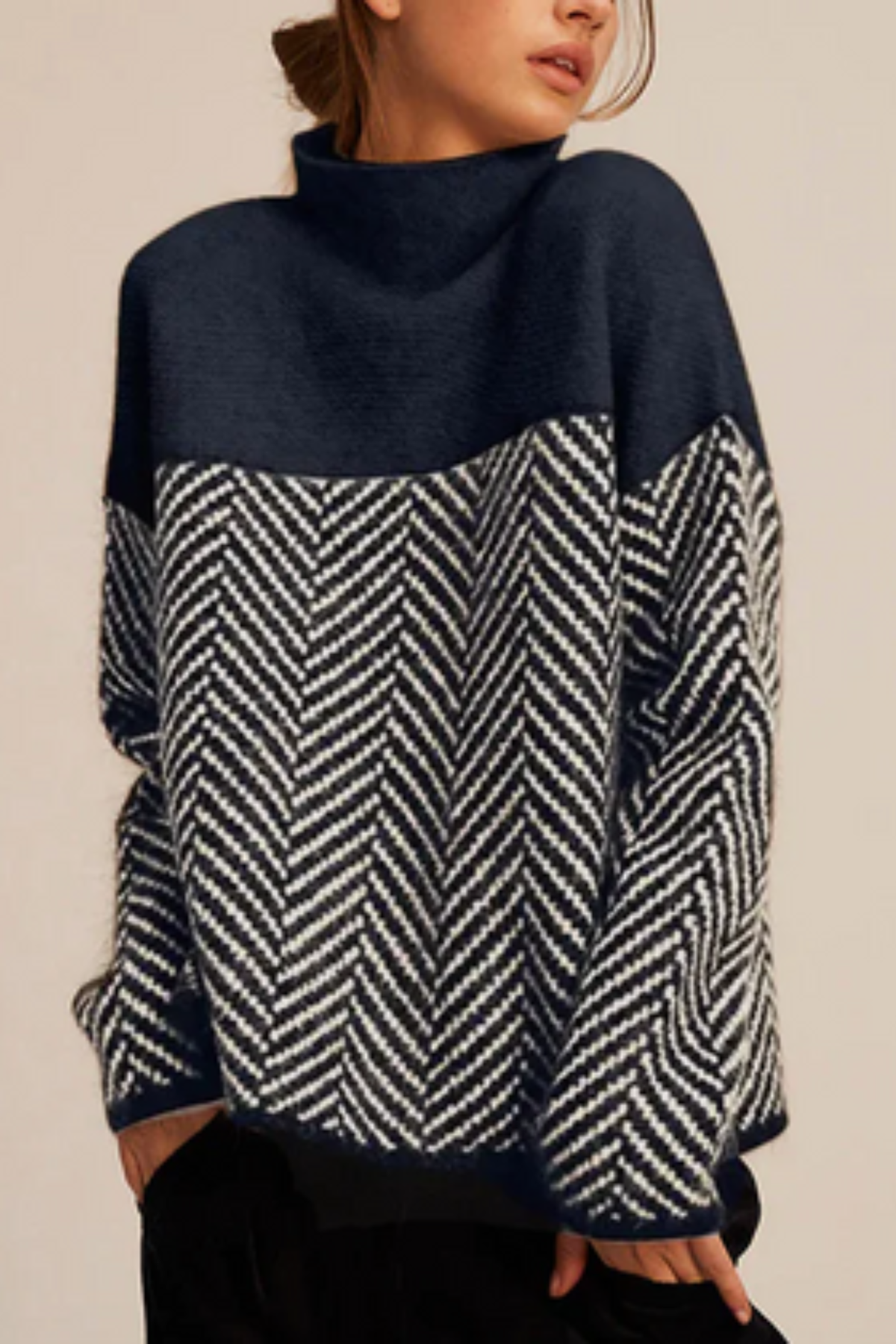 Chevron Funnel Neck Relaxed Sweater