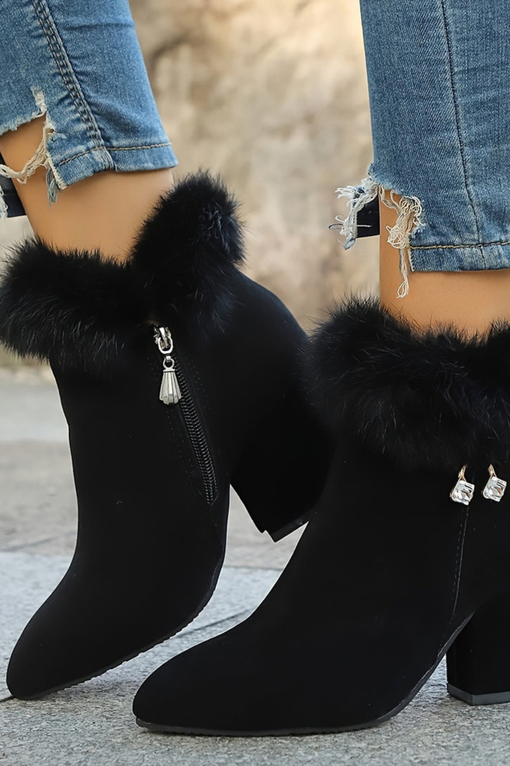 Pointed Toe Plush Trim Block Heel Boots