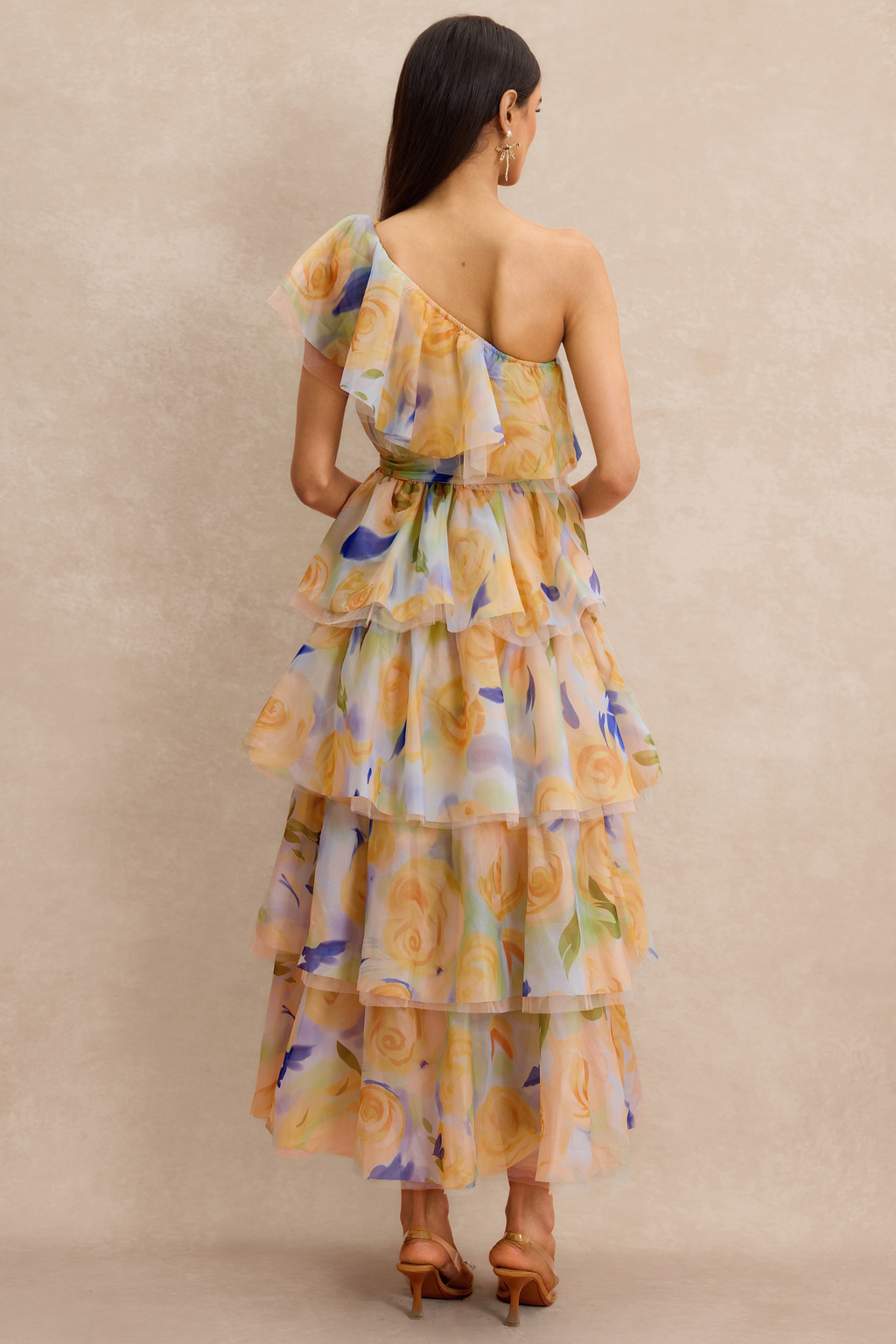 Sleeveless Floral Organza Midi Dress with One Shoulder Ruffle