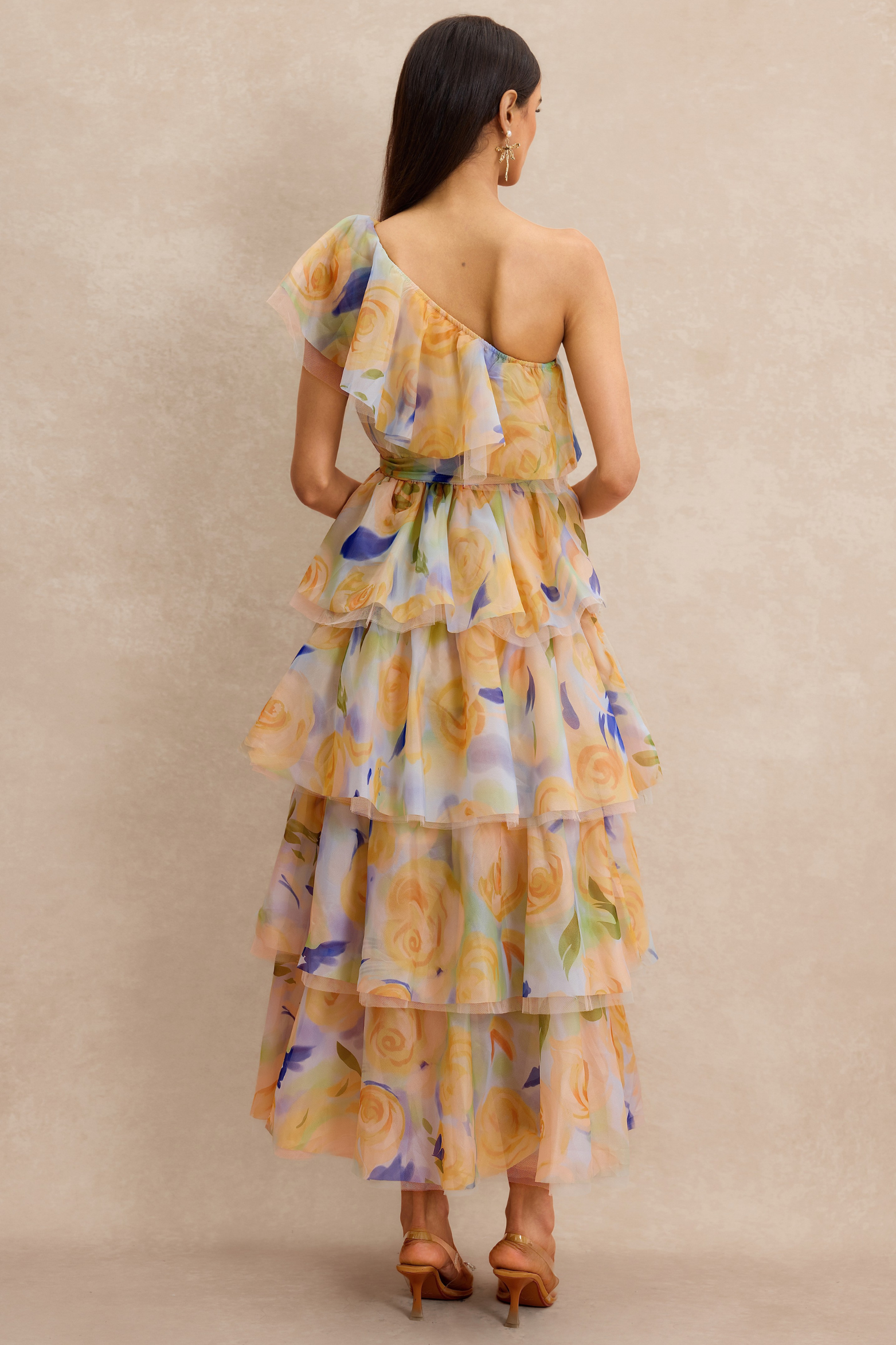 Sleeveless Floral Organza Midi Dress with One Shoulder Ruffle