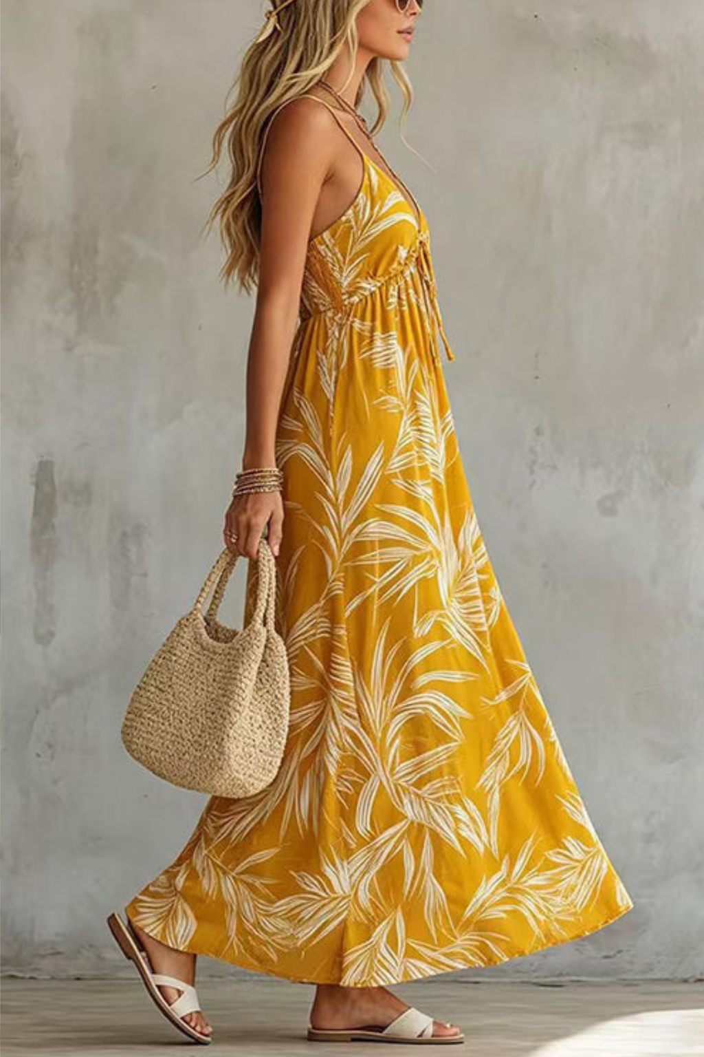 Printed Chiffon Spaghetti Strap V Neck Maxi Dress