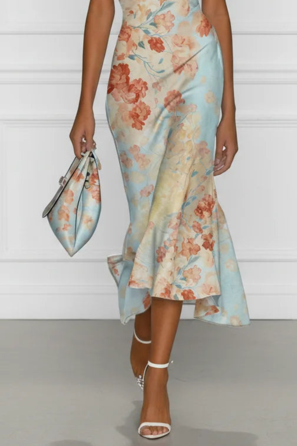 Blue Floral One Shoulder Mermaid Midi Dress