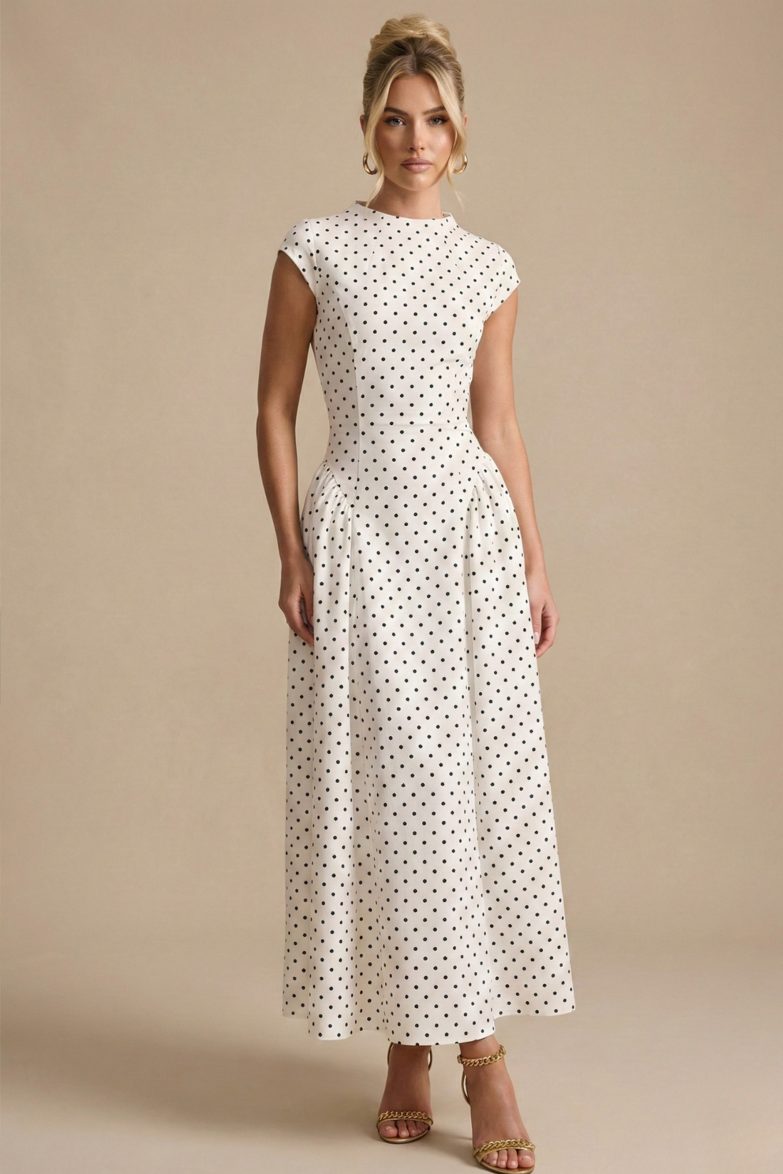 Vintage Inspired Polka Dot Maxi Dress with A Line Flow