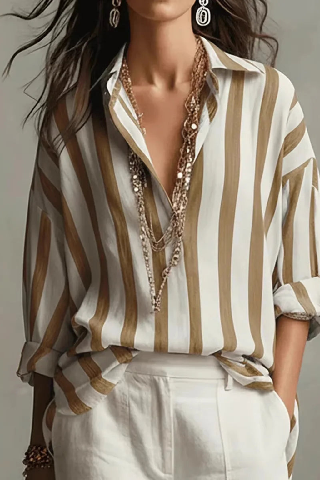 Striped Linen Blend Shirt with Classic Turn-Down Collar