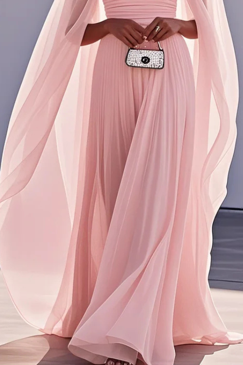 Pleated Chiffon A Line Maxi Dress with Square Neck