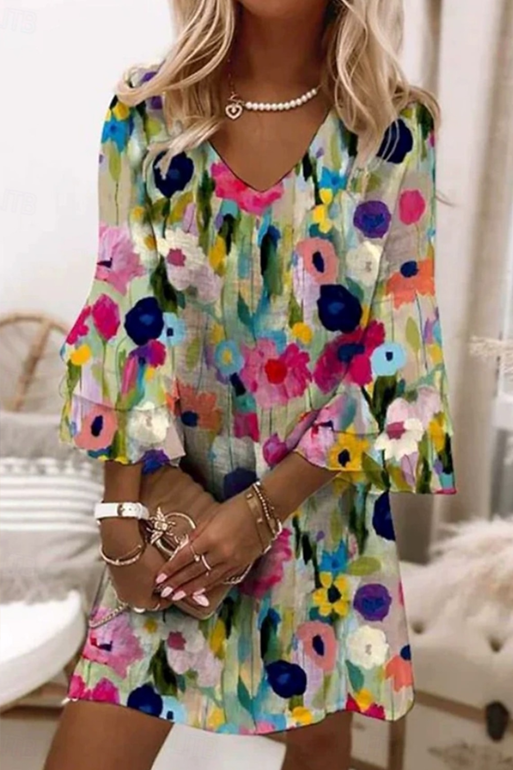 Romantic Floral Mini Dress with Flattering V Neck